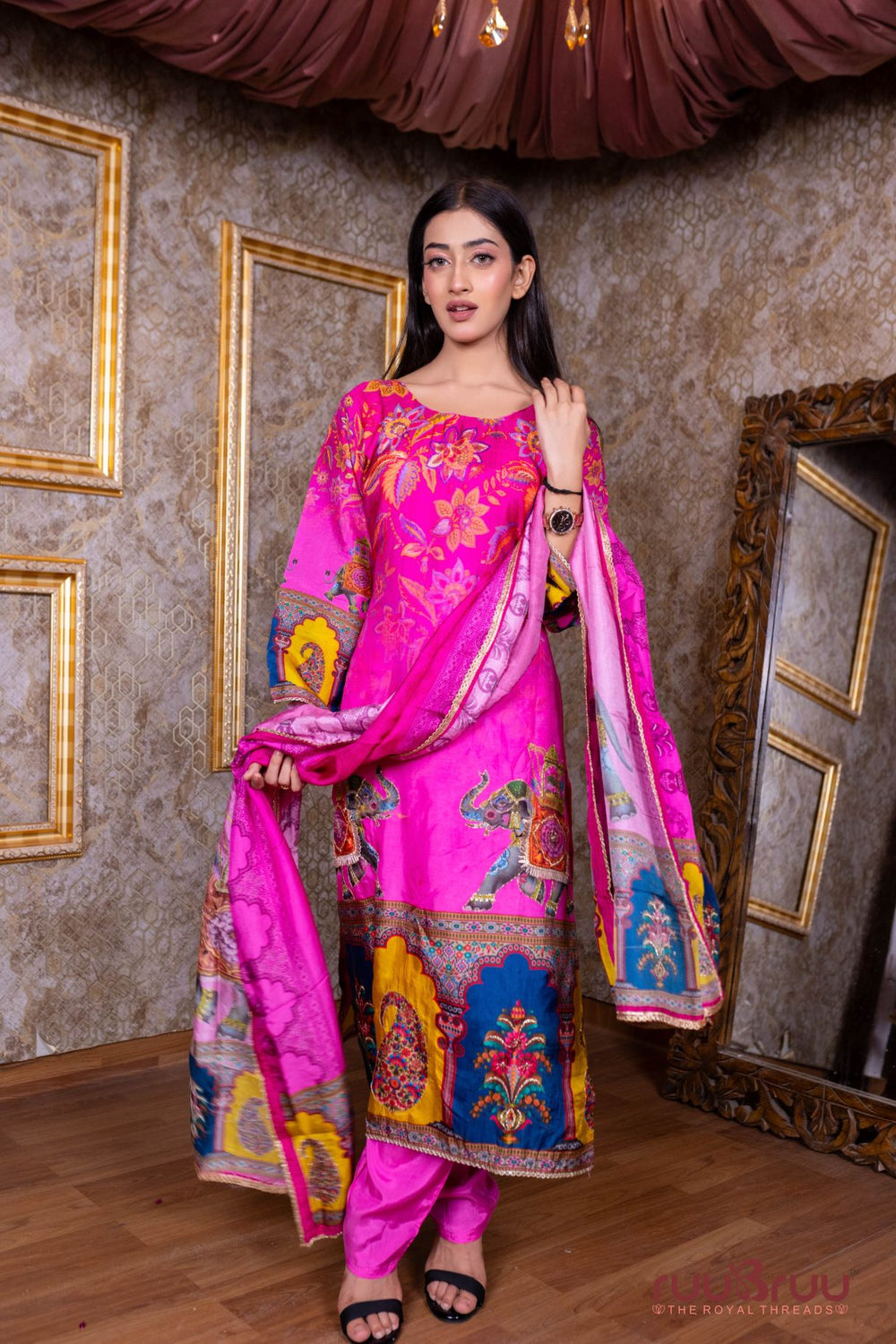Pure Viscose Silk Ladies Suit with Zari Embroidery.