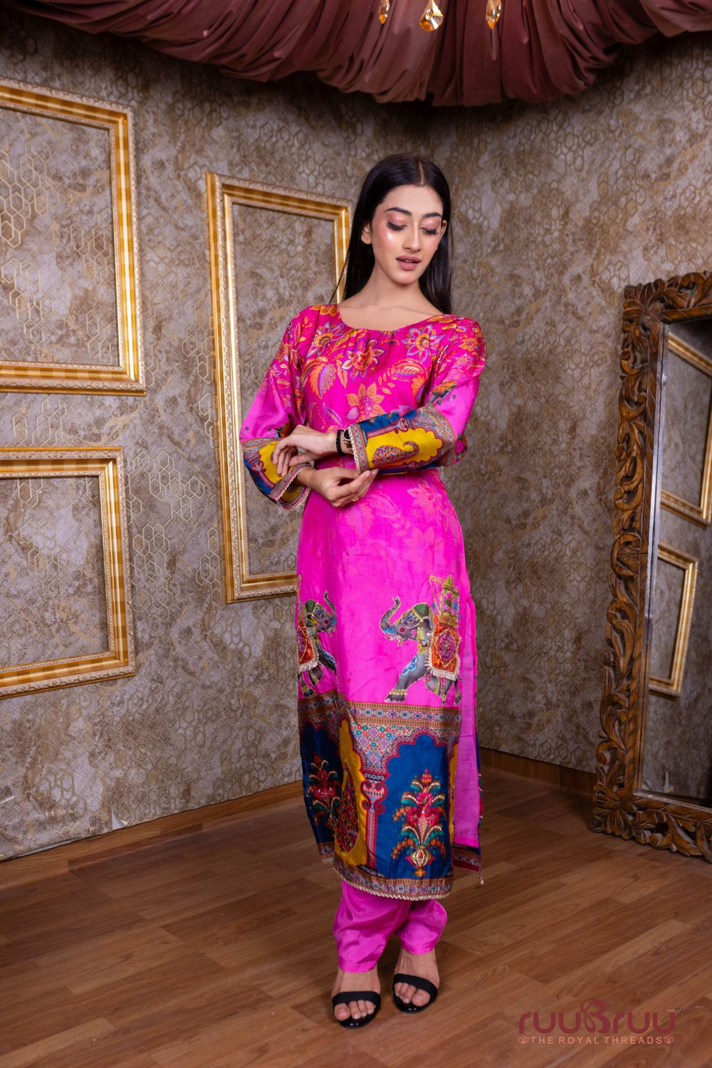 Pure Viscose Silk Ladies Suit with Zari Embroidery.