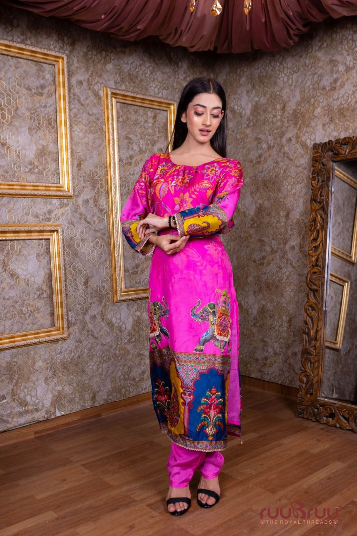 Pure Viscose Silk Ladies Suit with Zari Embroidery.