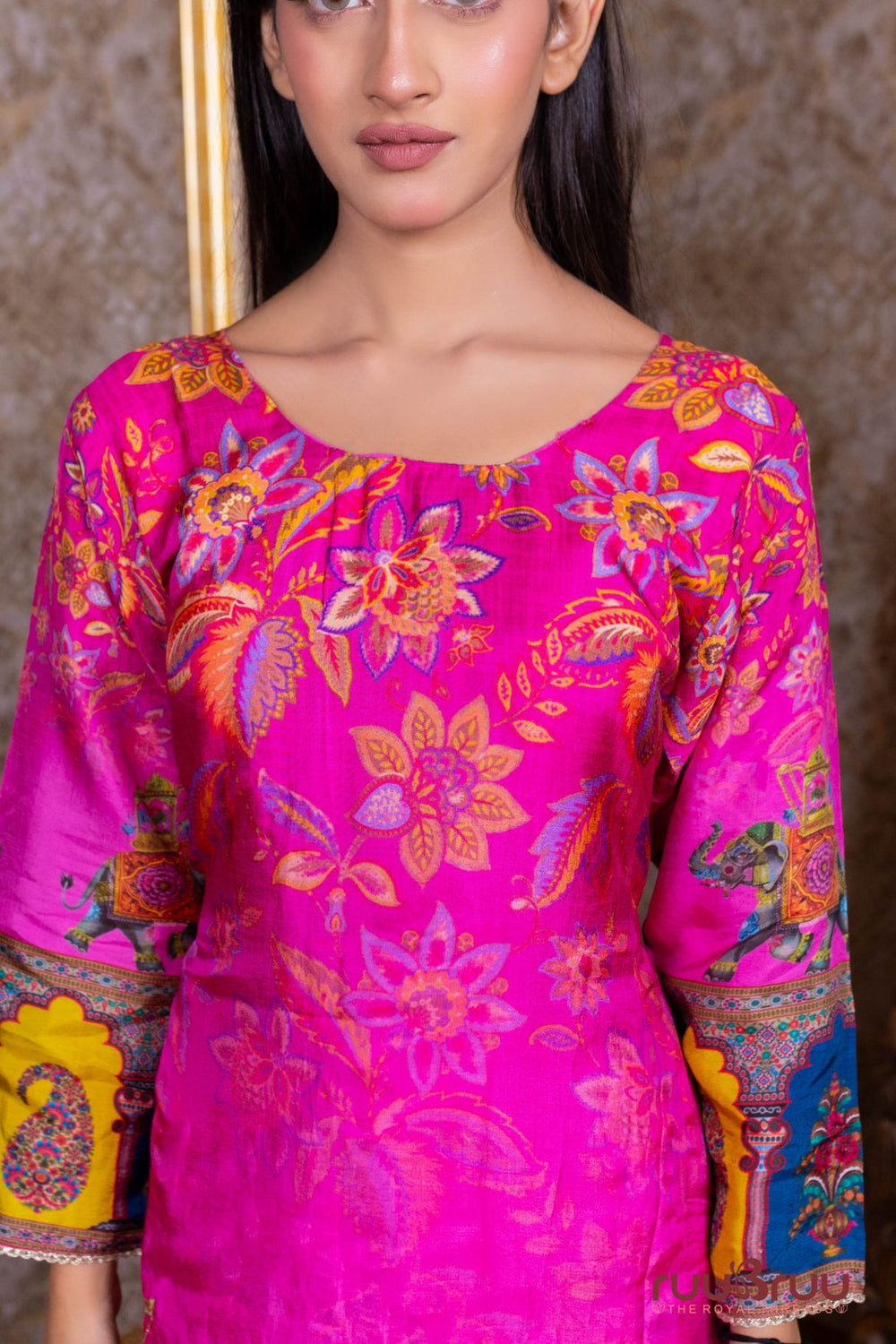 Pure Viscose Silk Ladies Suit with Zari Embroidery.
