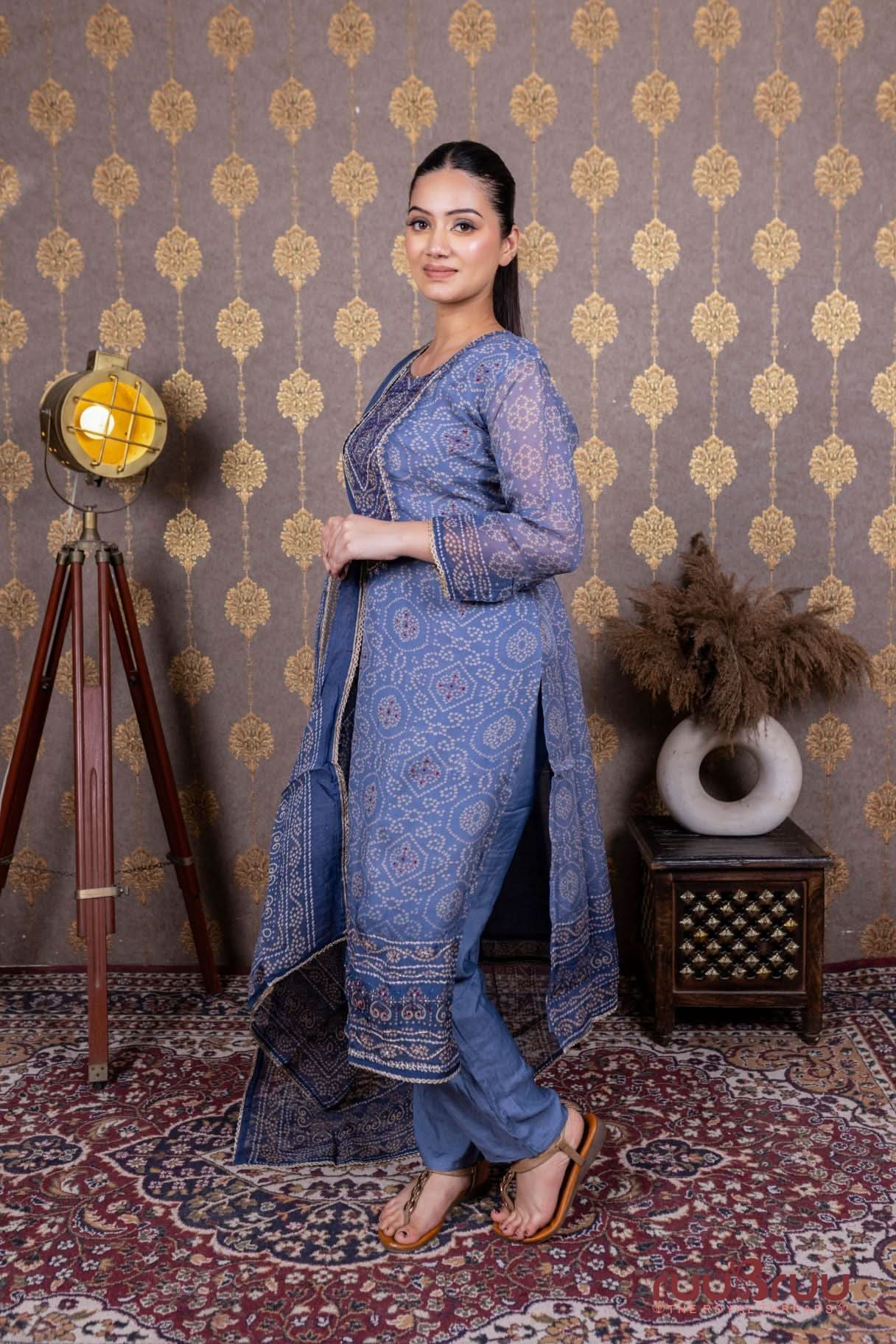 Pure Viscose Georgette Ladies Suit with Heavy Neck Embroidery.