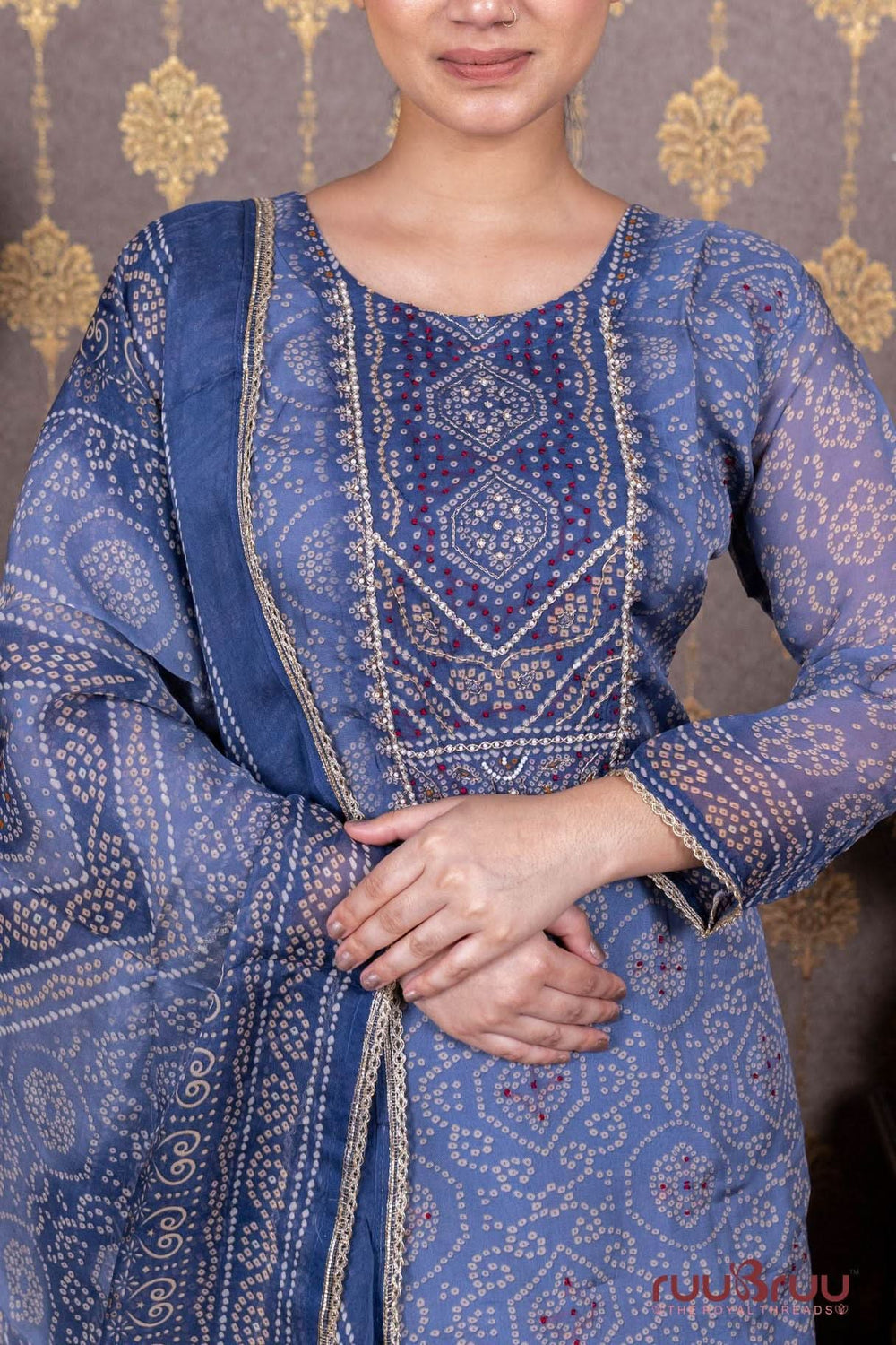 Pure Viscose Georgette Ladies Suit with Heavy Neck Embroidery.
