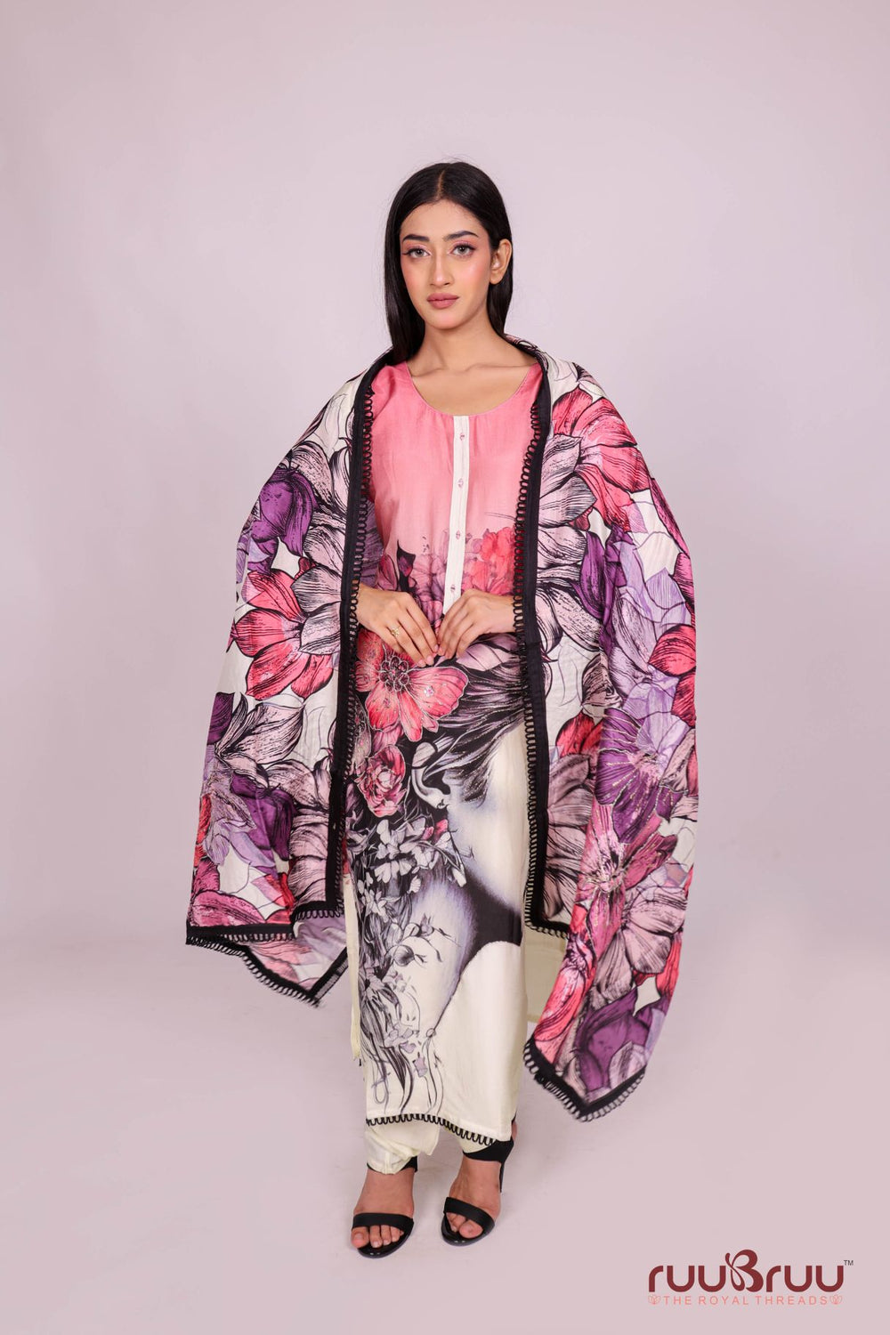 Pure Viscose Silk Ladies Suit with Digital Print & Zari Embroidery.