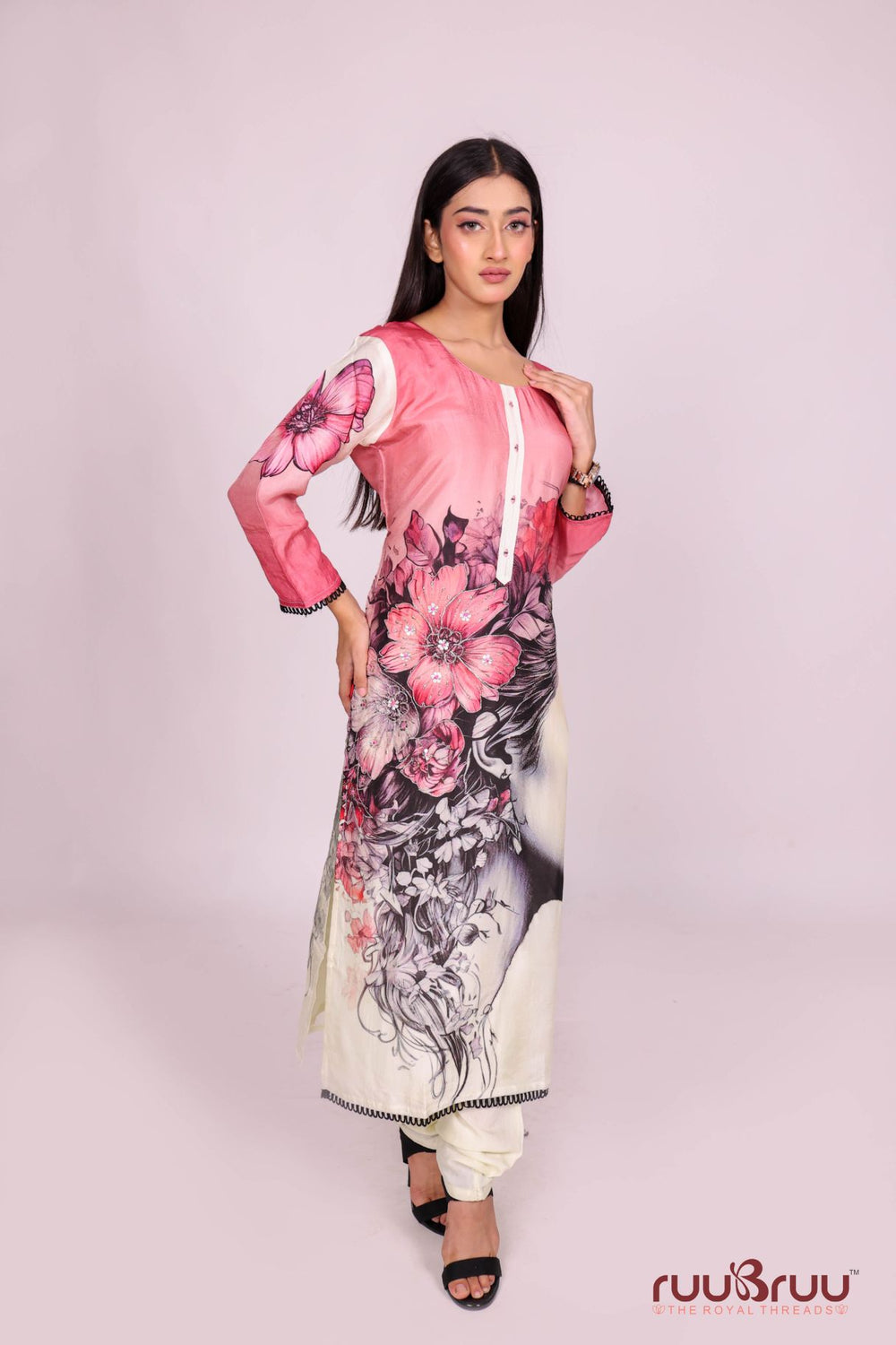 Pure Viscose Silk Ladies Suit with Digital Print & Zari Embroidery.