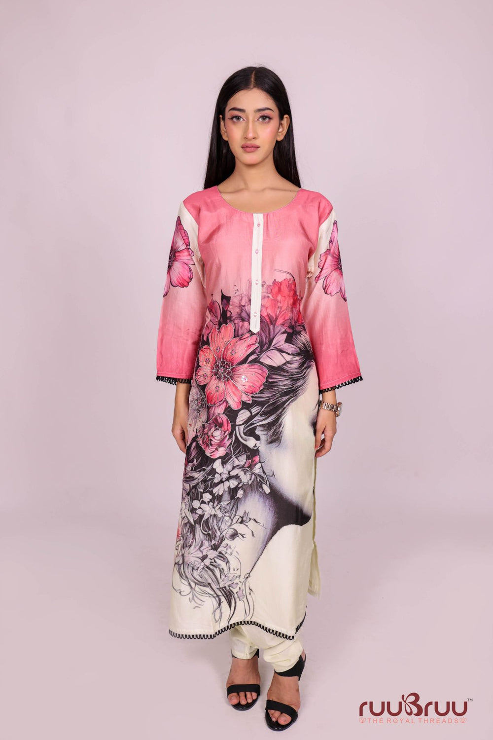 Pure Viscose Silk Ladies Suit with Digital Print & Zari Embroidery.