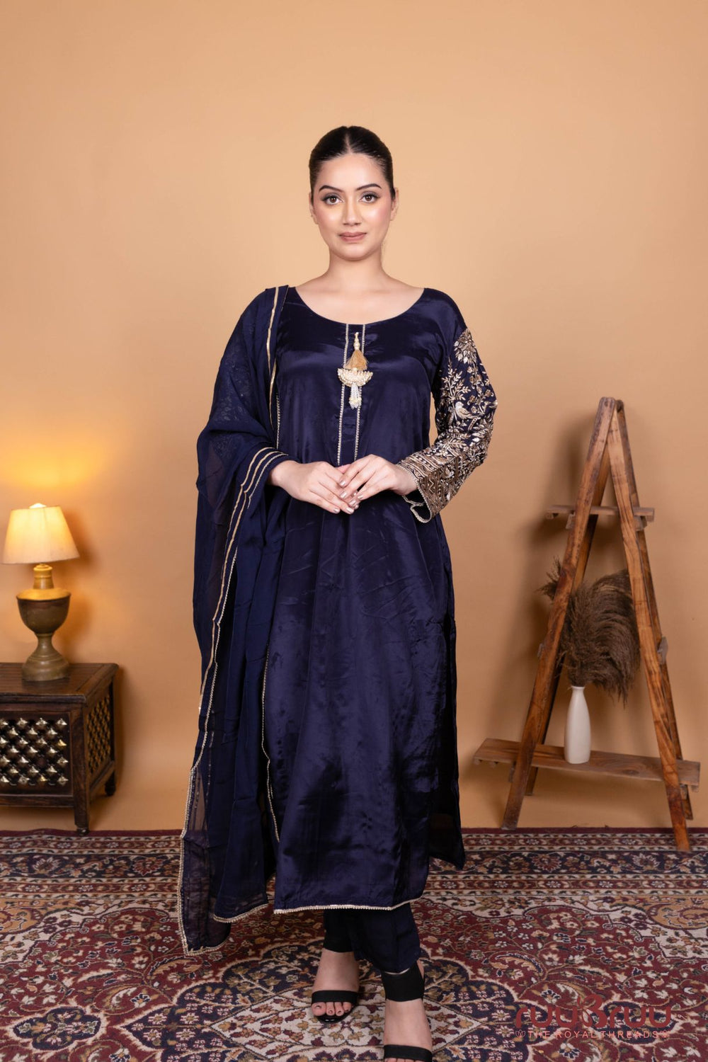 Pure Viscose Silk Crepe Ladies Suit with Heavy Embroidery on Sleeves.