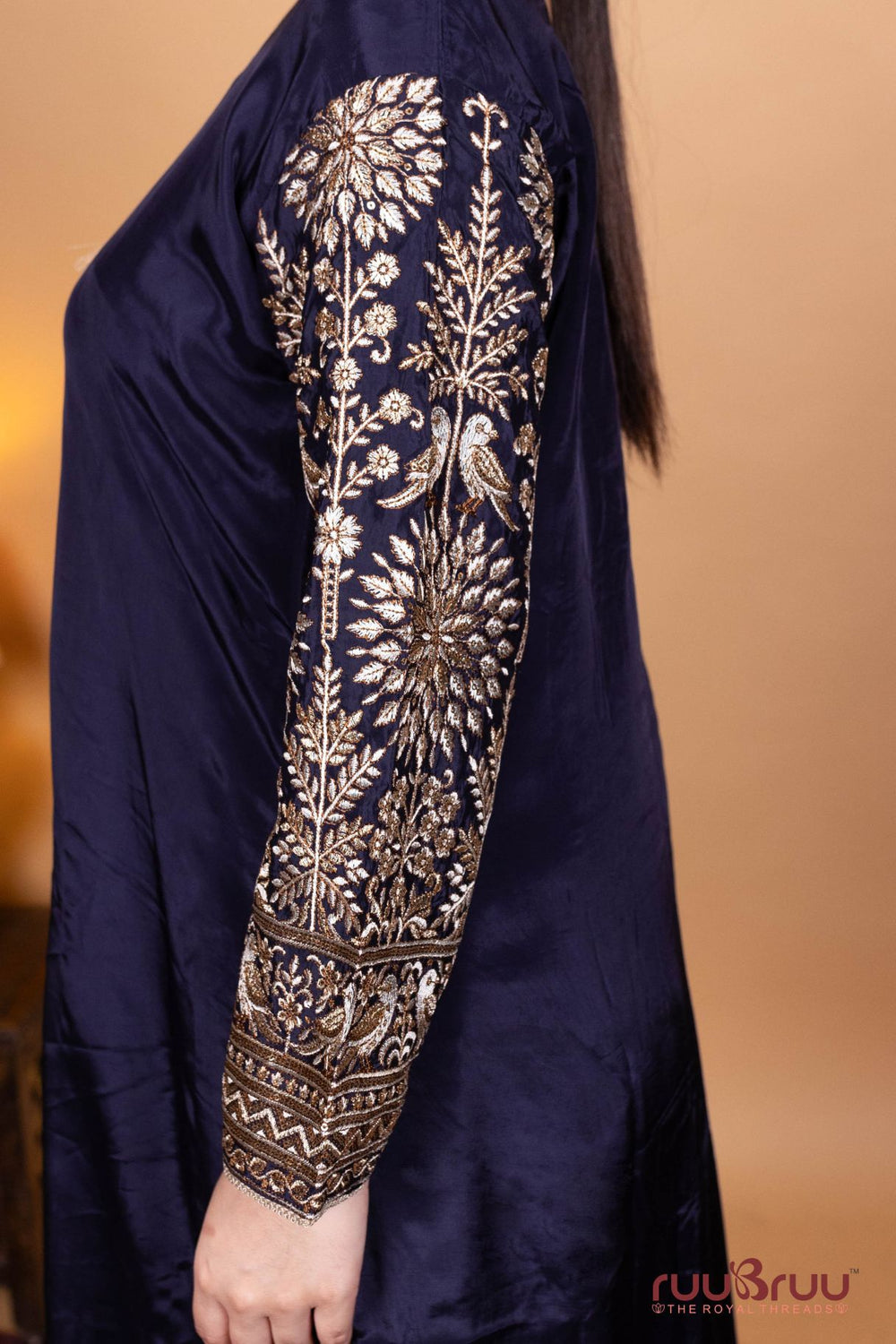 Pure Viscose Silk Crepe Ladies Suit with Heavy Embroidery on Sleeves.