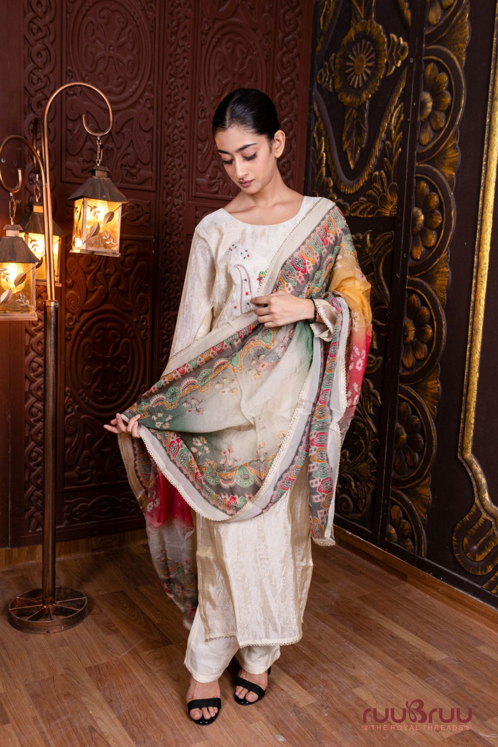 Silk Jacquard Ladies Suit with Heavy Zari & Dori Embroidery.