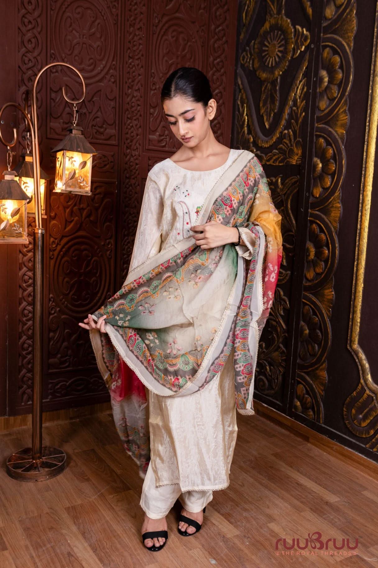 Silk Jacquard Ladies Suit with Heavy Zari & Dori Embroidery.