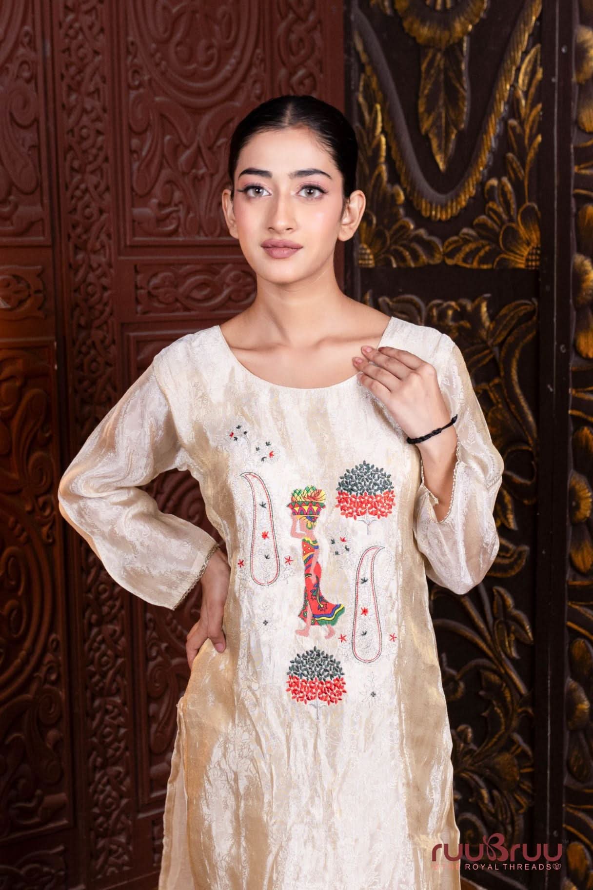 Silk Jacquard Ladies Suit with Heavy Zari & Dori Embroidery.