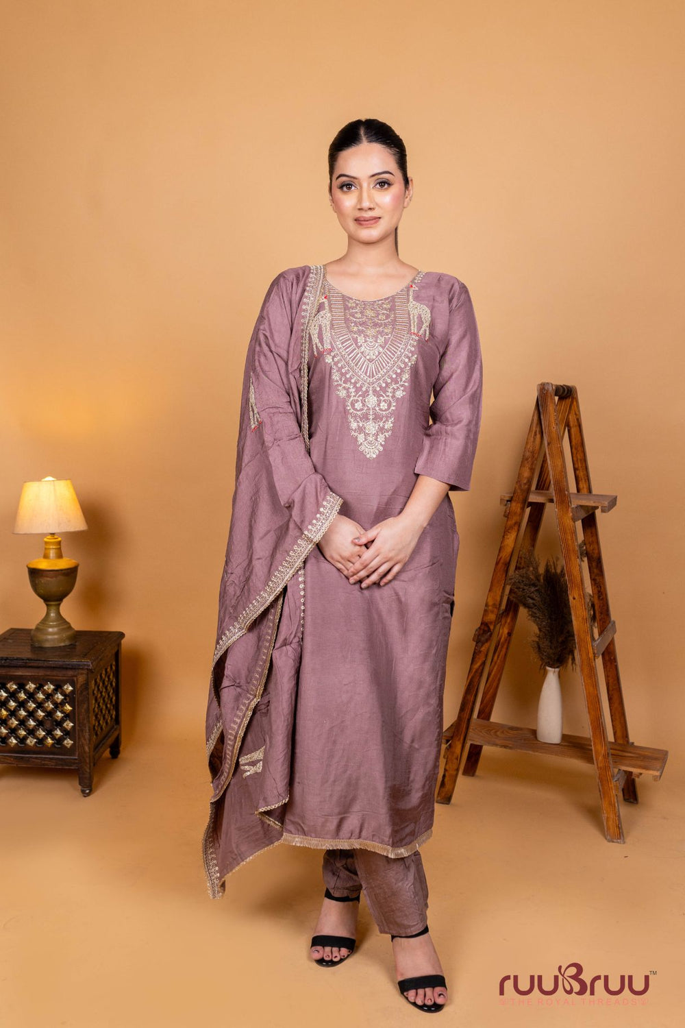 Pure Silk Chanderi Ladies Suit with Heavy Embroidery on Neck & Dupatta.