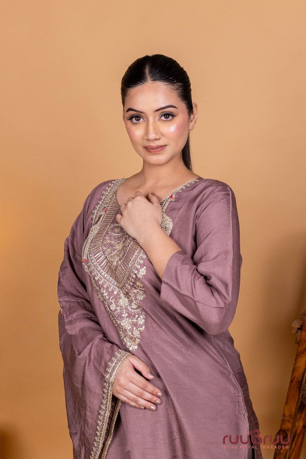 Pure Silk Chanderi Ladies Suit with Heavy Embroidery on Neck & Dupatta.