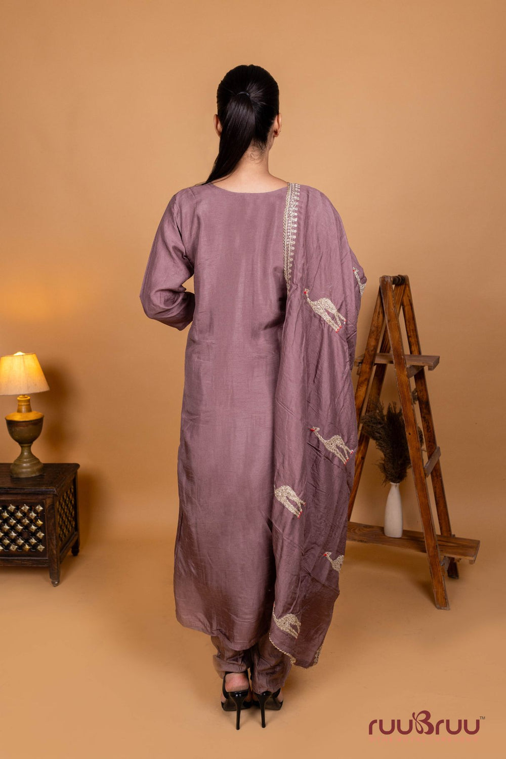 Pure Silk Chanderi Ladies Suit with Heavy Embroidery on Neck & Dupatta.