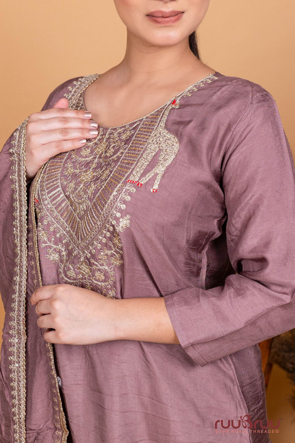 Pure Silk Chanderi Ladies Suit with Heavy Embroidery on Neck & Dupatta.