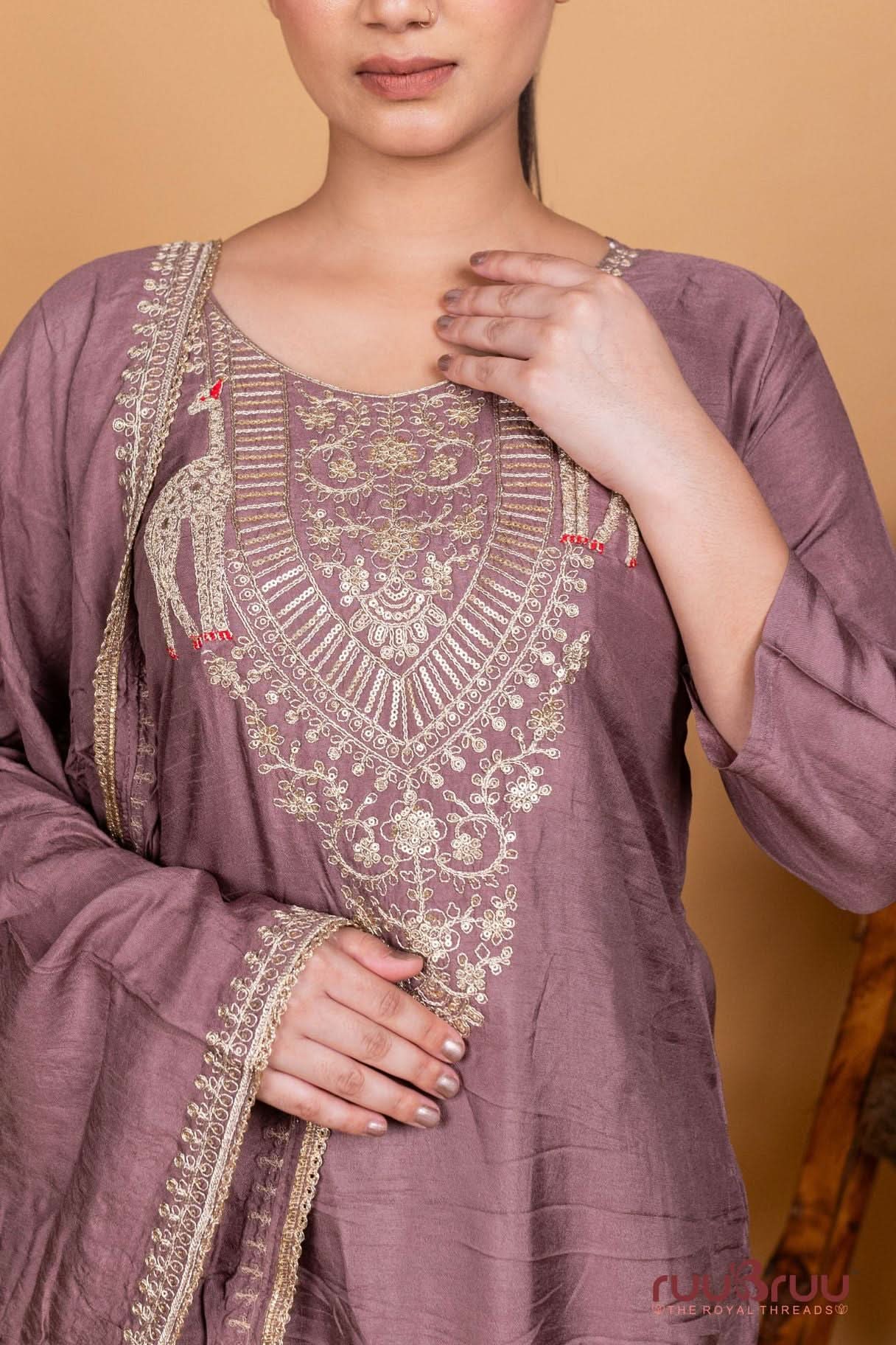 Pure Silk Chanderi Ladies Suit with Heavy Embroidery on Neck & Dupatta.