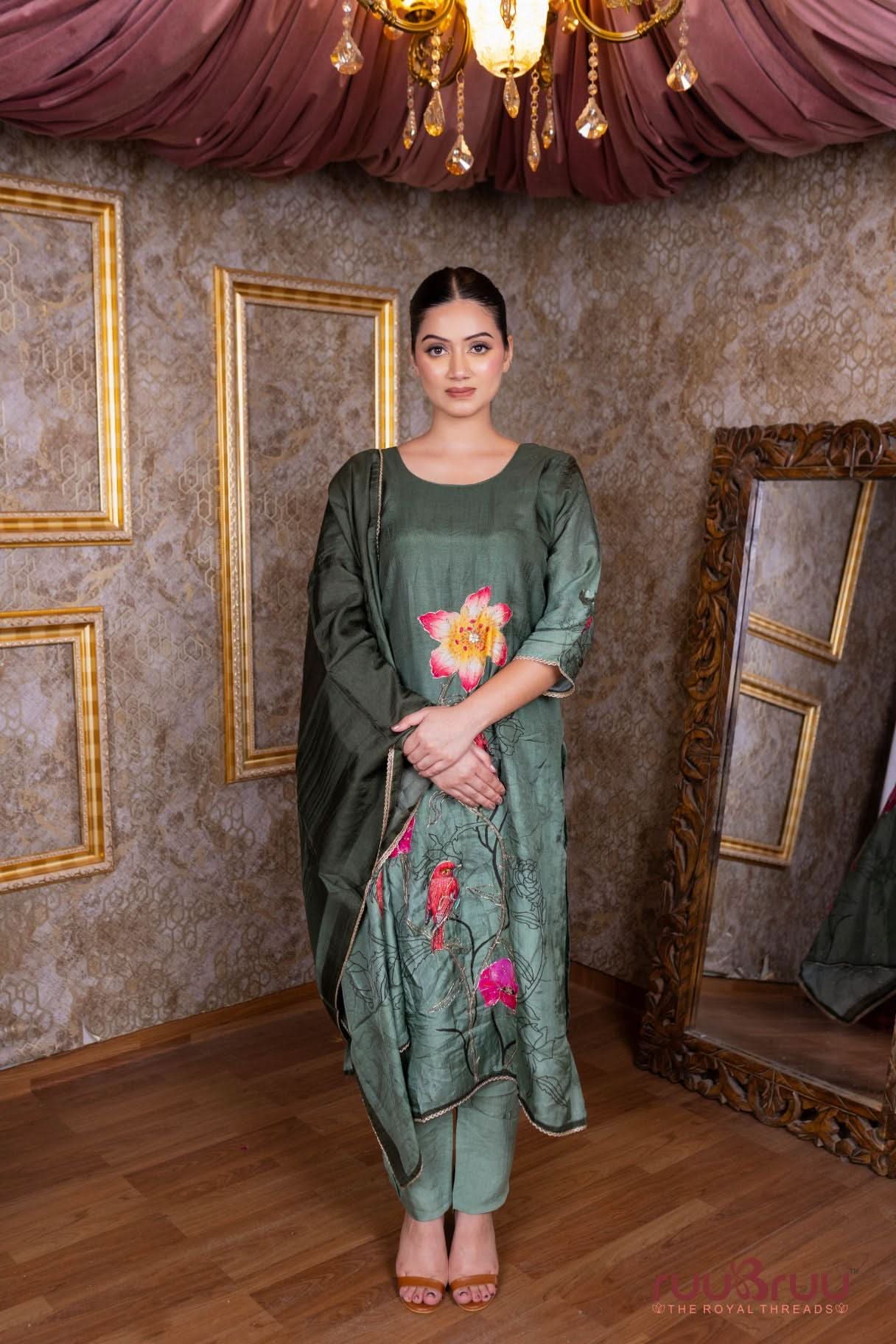 Pure Viscose Chanderi Ladies Suit with Printed Design & Embroidery Work.