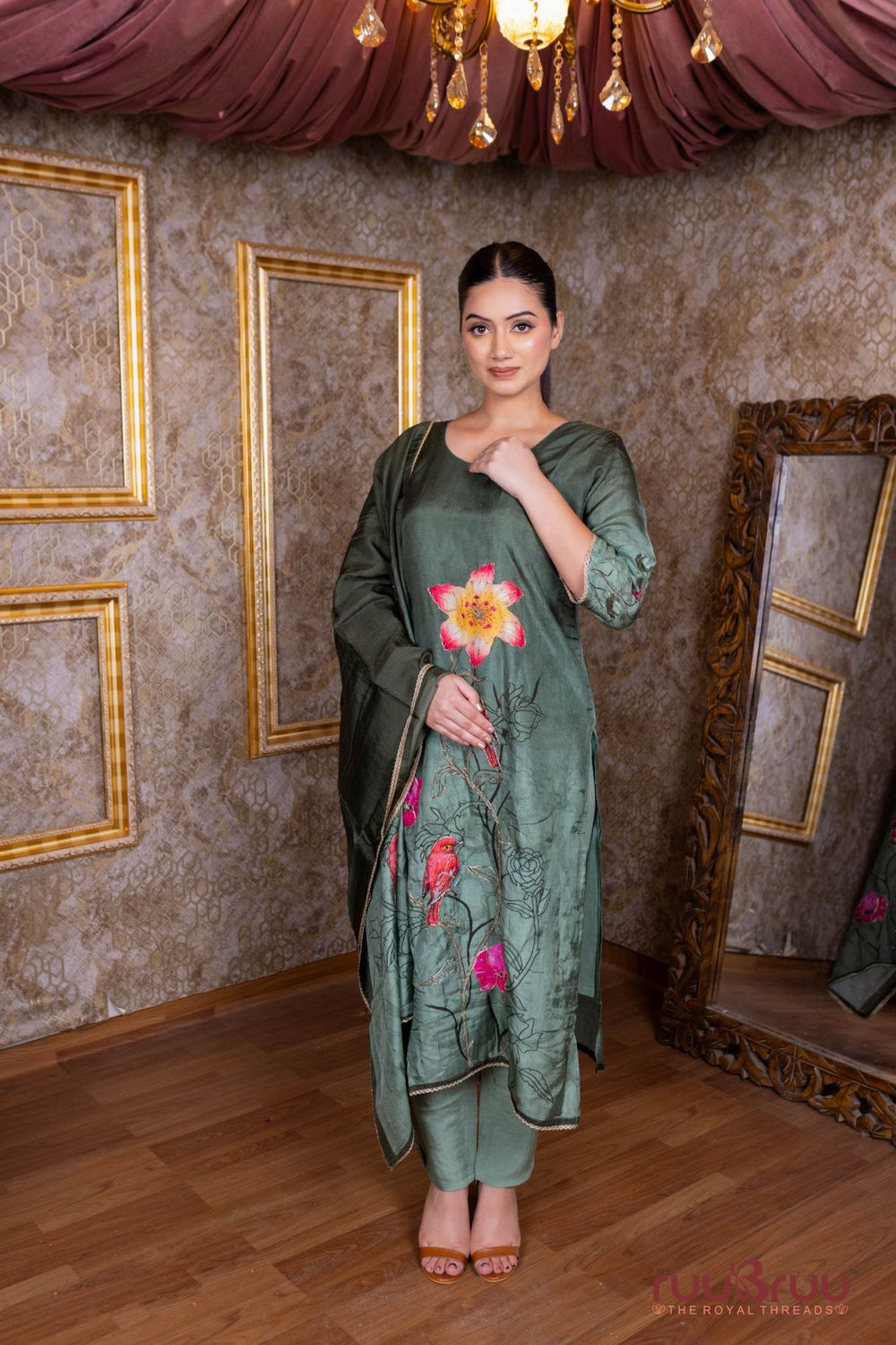 Pure Viscose Chanderi Ladies Suit with Printed Design & Embroidery Work.