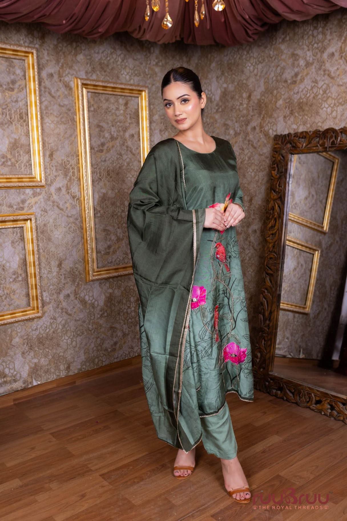 Pure Viscose Chanderi Ladies Suit with Printed Design & Embroidery Work.