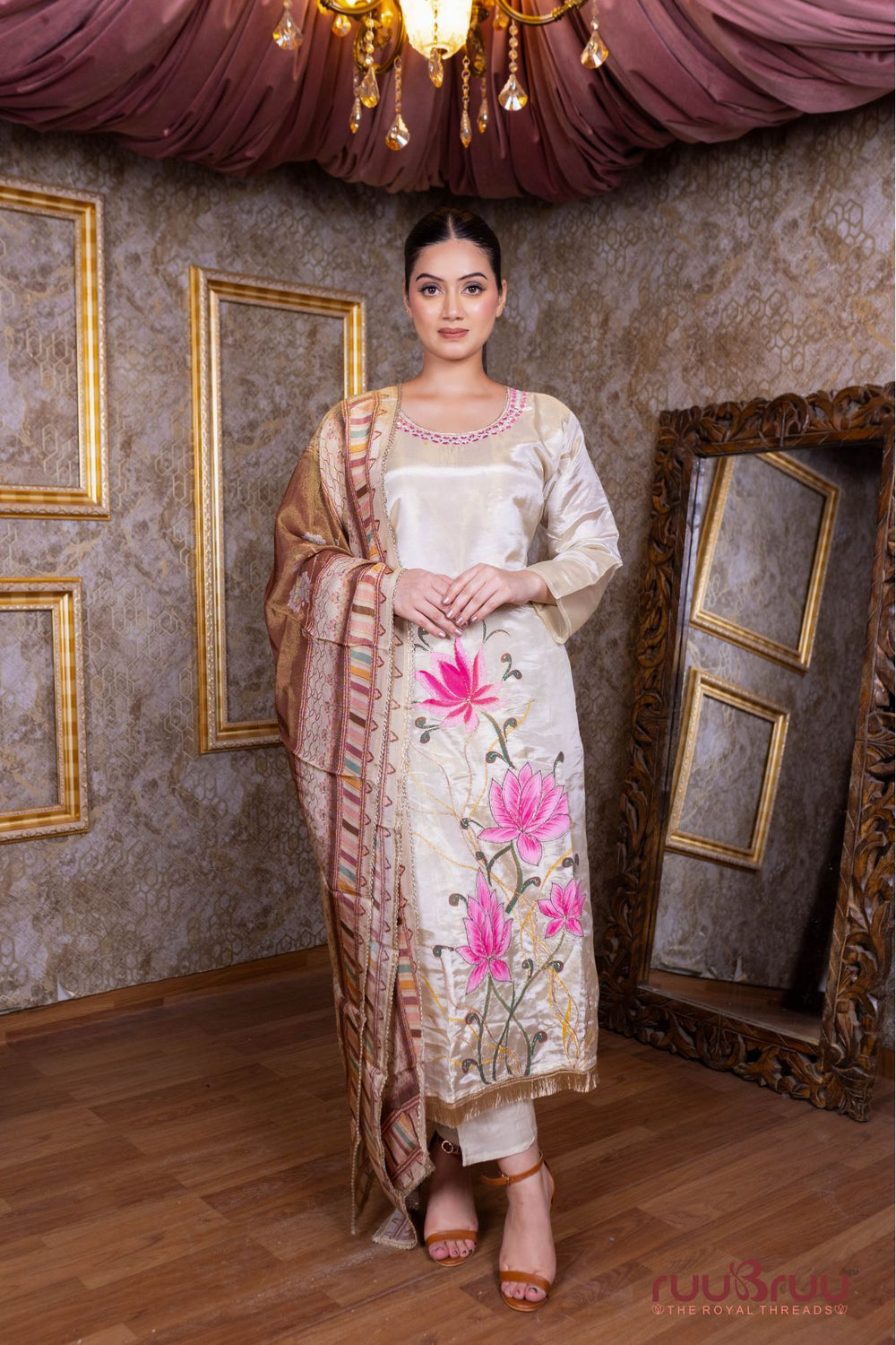 Pure Silk Shimmer Ladies Suit with Printed Design, Premium Zari & Glass Embroidery Work.