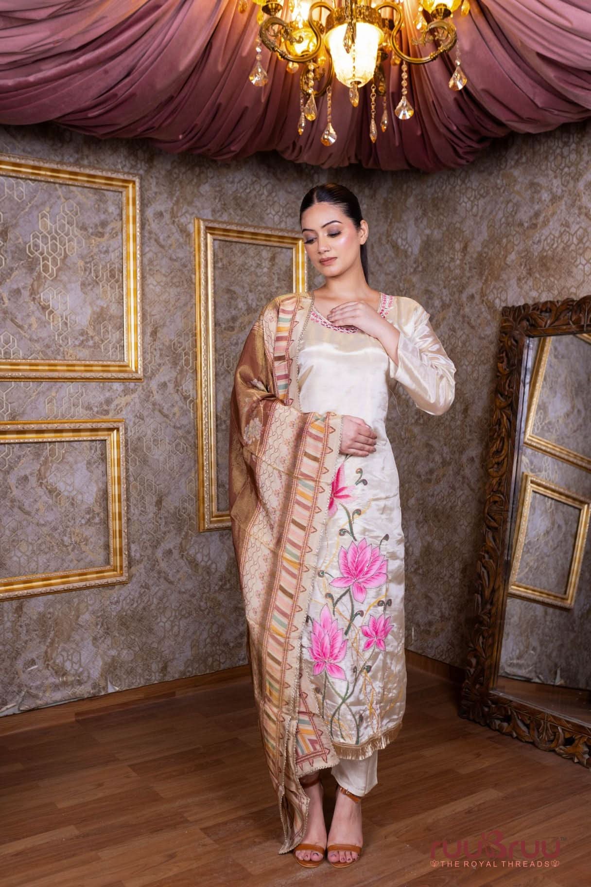 Pure Silk Shimmer Ladies Suit with Printed Design, Premium Zari & Glass Embroidery Work.