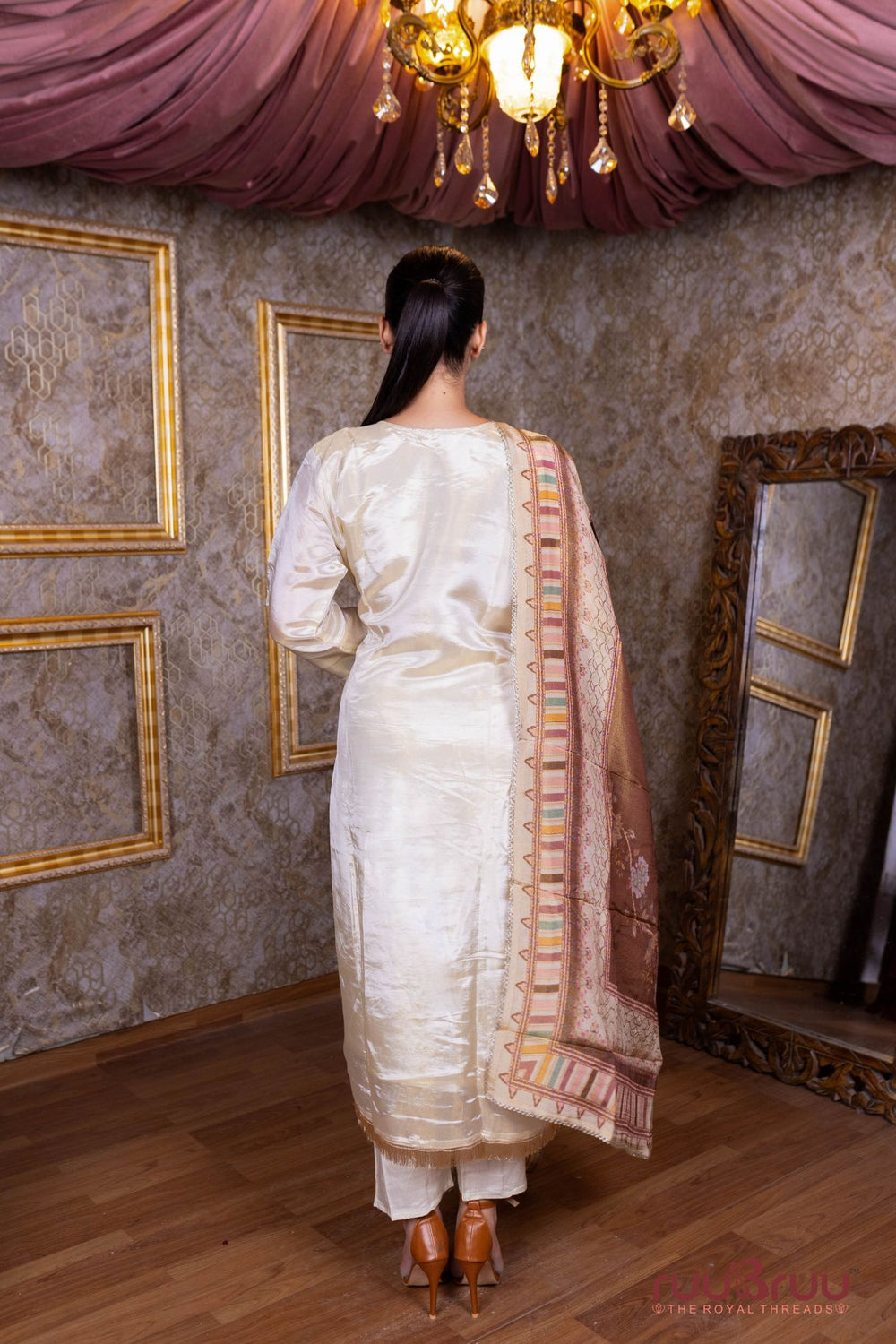 Pure Silk Shimmer Ladies Suit with Printed Design, Premium Zari & Glass Embroidery Work.