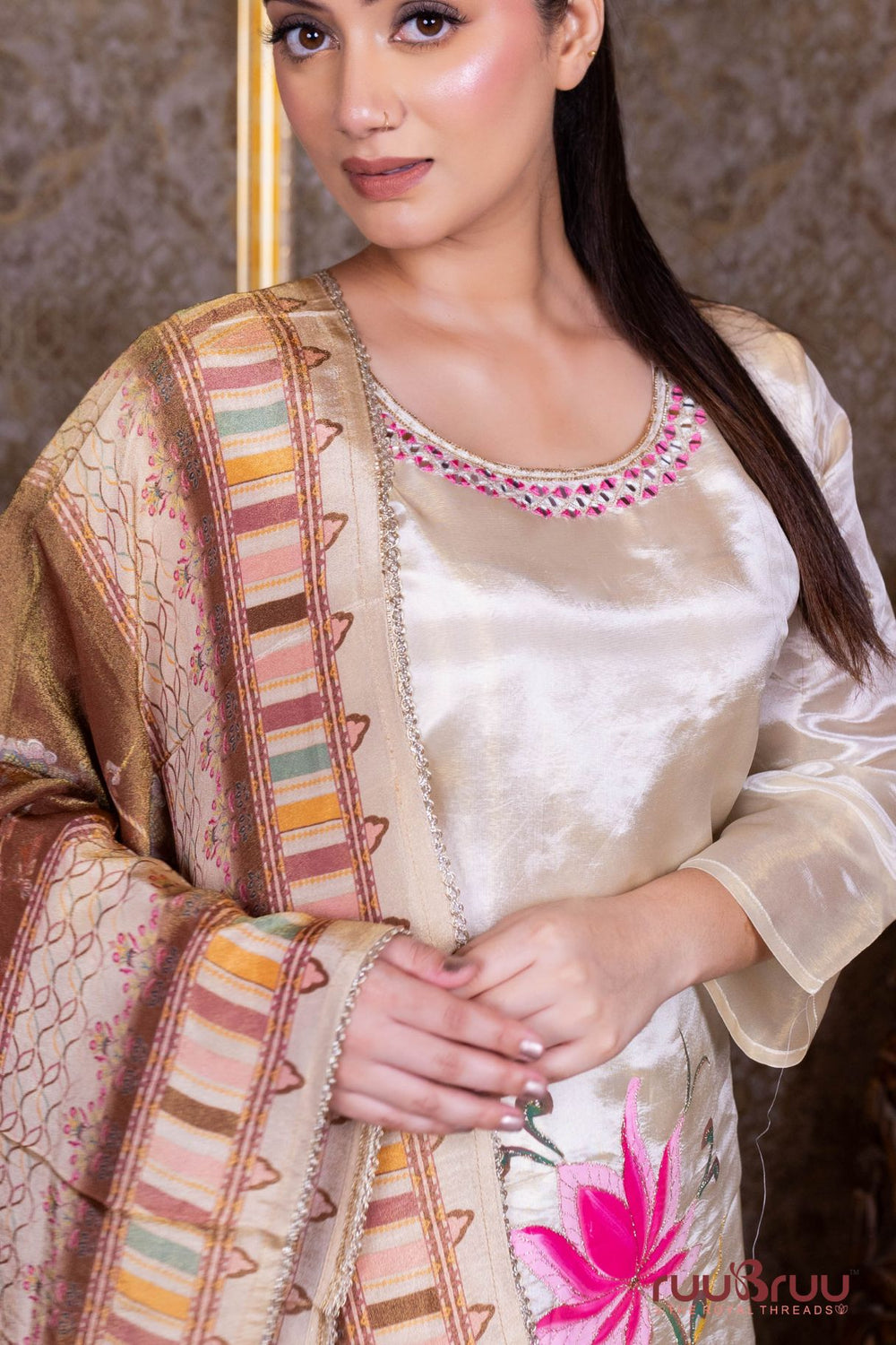 Pure Silk Shimmer Ladies Suit with Printed Design, Premium Zari & Glass Embroidery Work.