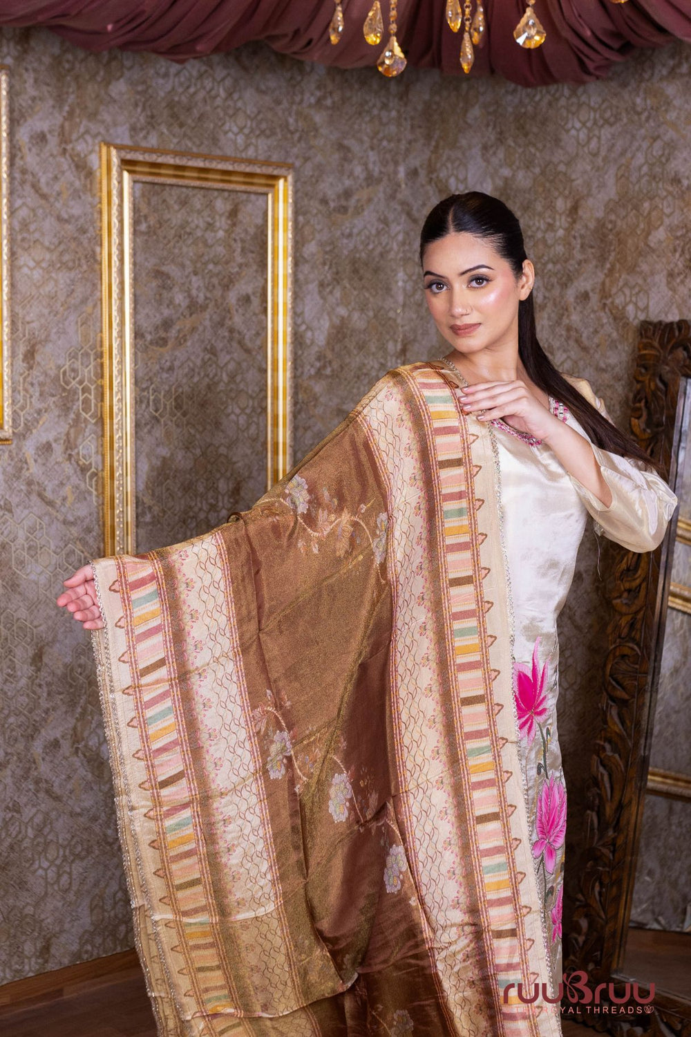 Pure Silk Shimmer Ladies Suit with Printed Design, Premium Zari & Glass Embroidery Work.