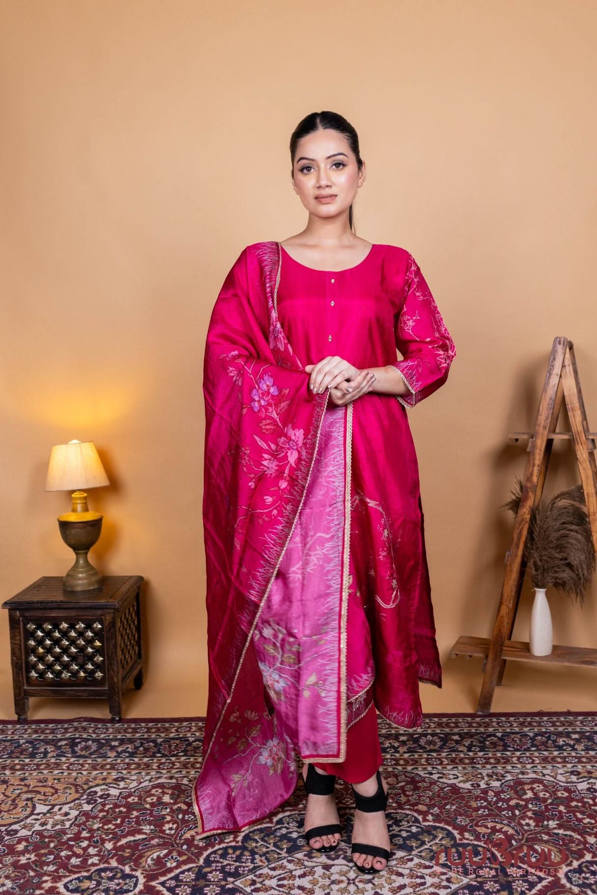 Pure Viscose Silk Ladies Suit with Elegant Motif Embroidery & Digital Print.
