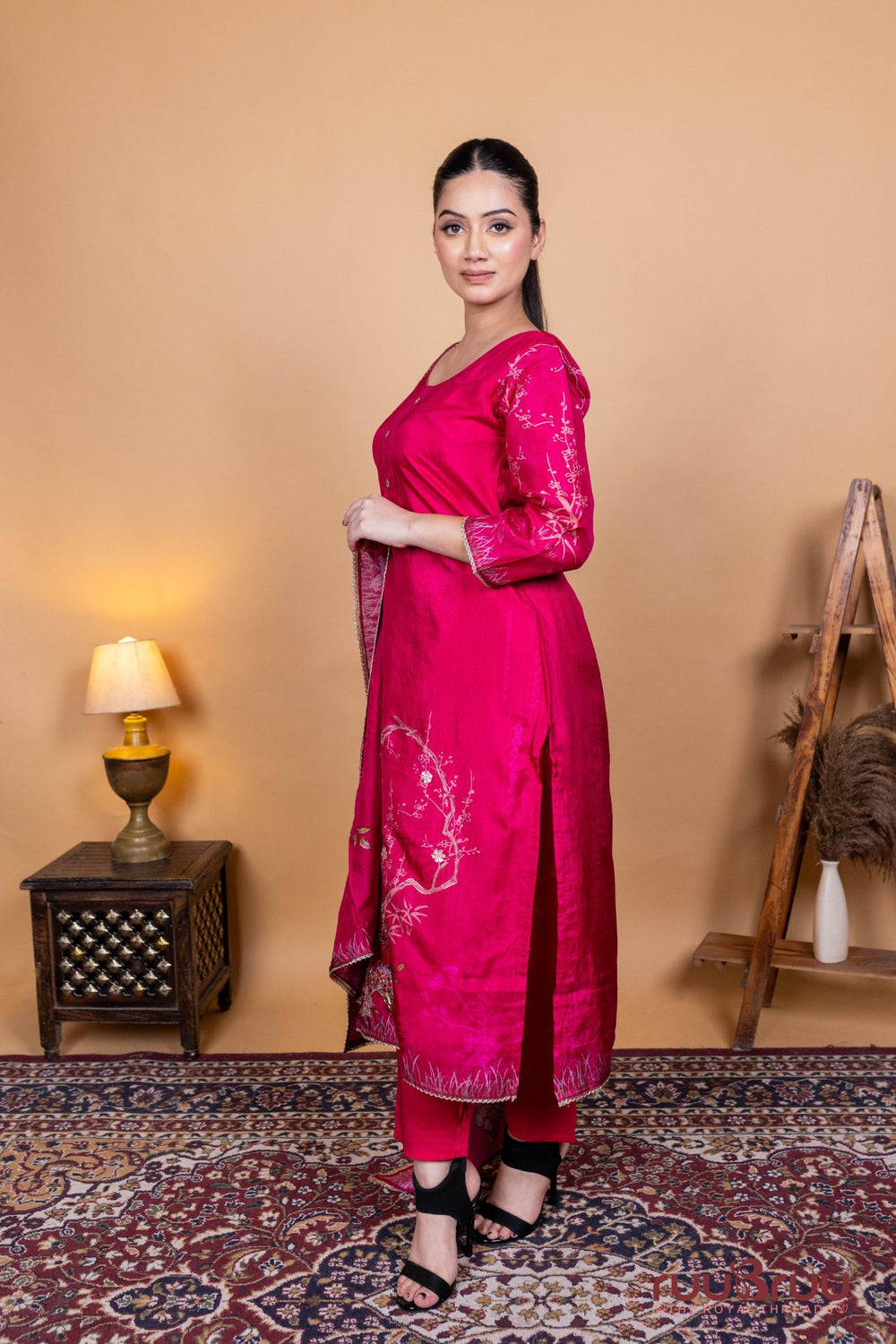 Pure Viscose Silk Ladies Suit with Elegant Motif Embroidery & Digital Print.