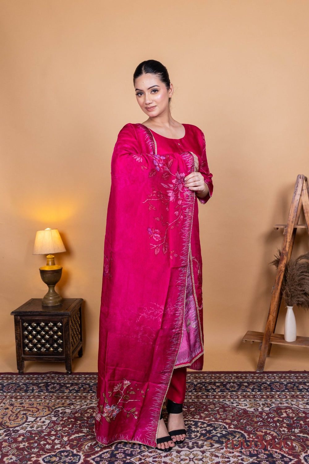 Pure Viscose Silk Ladies Suit with Elegant Motif Embroidery & Digital Print.