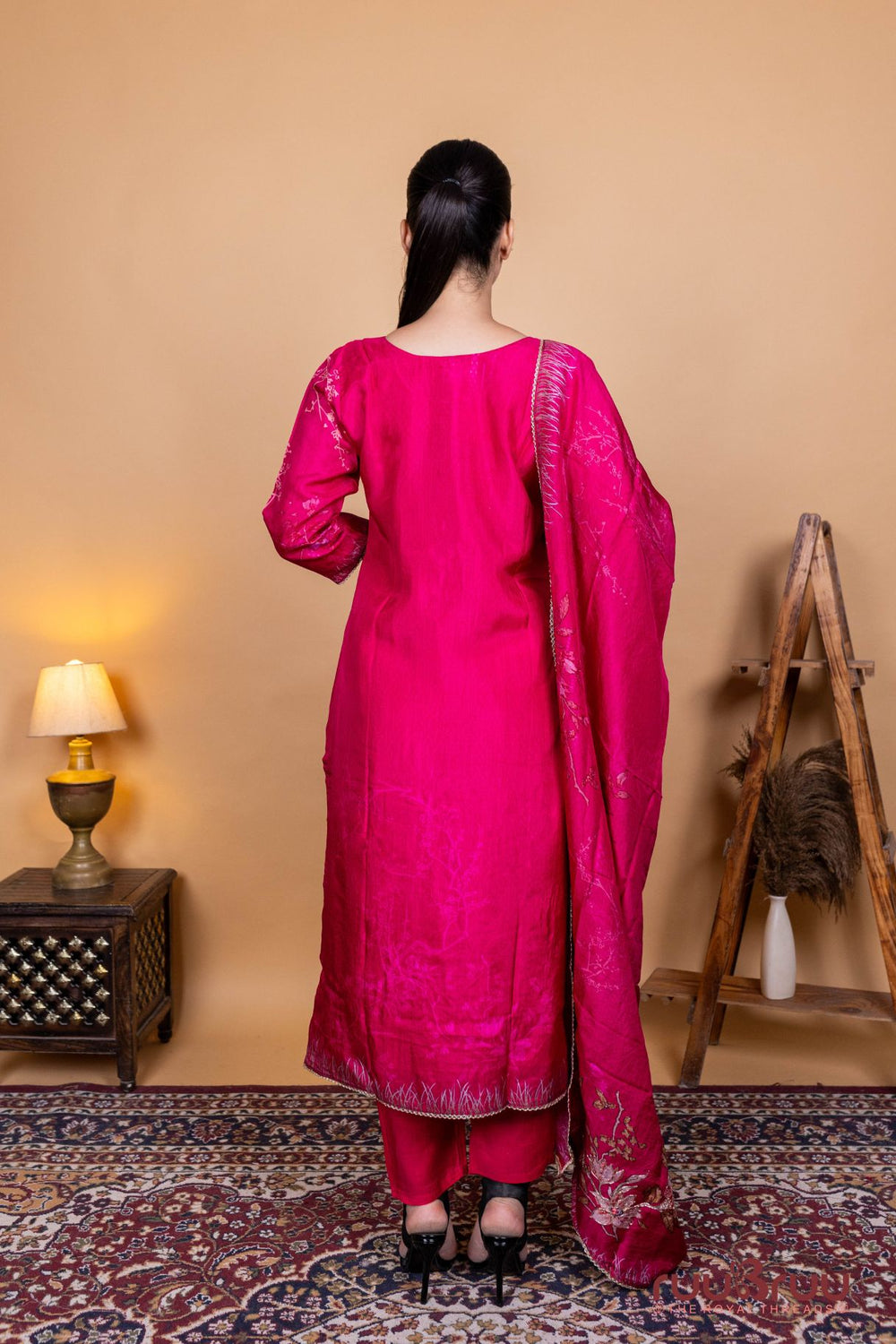 Pure Viscose Silk Ladies Suit with Elegant Motif Embroidery & Digital Print.