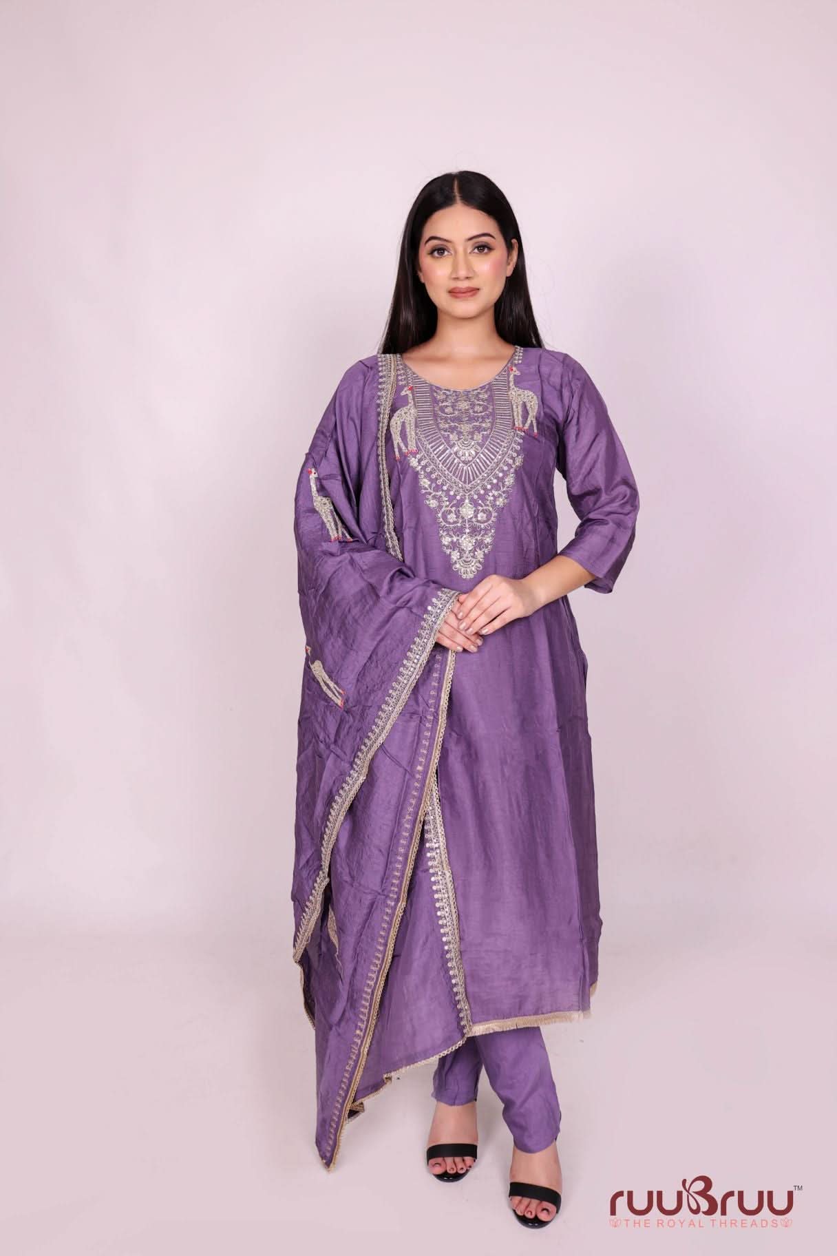 Pure Silk Chanderi Ladies Suit with Heavy Embroidery on Neck & Dupatta.