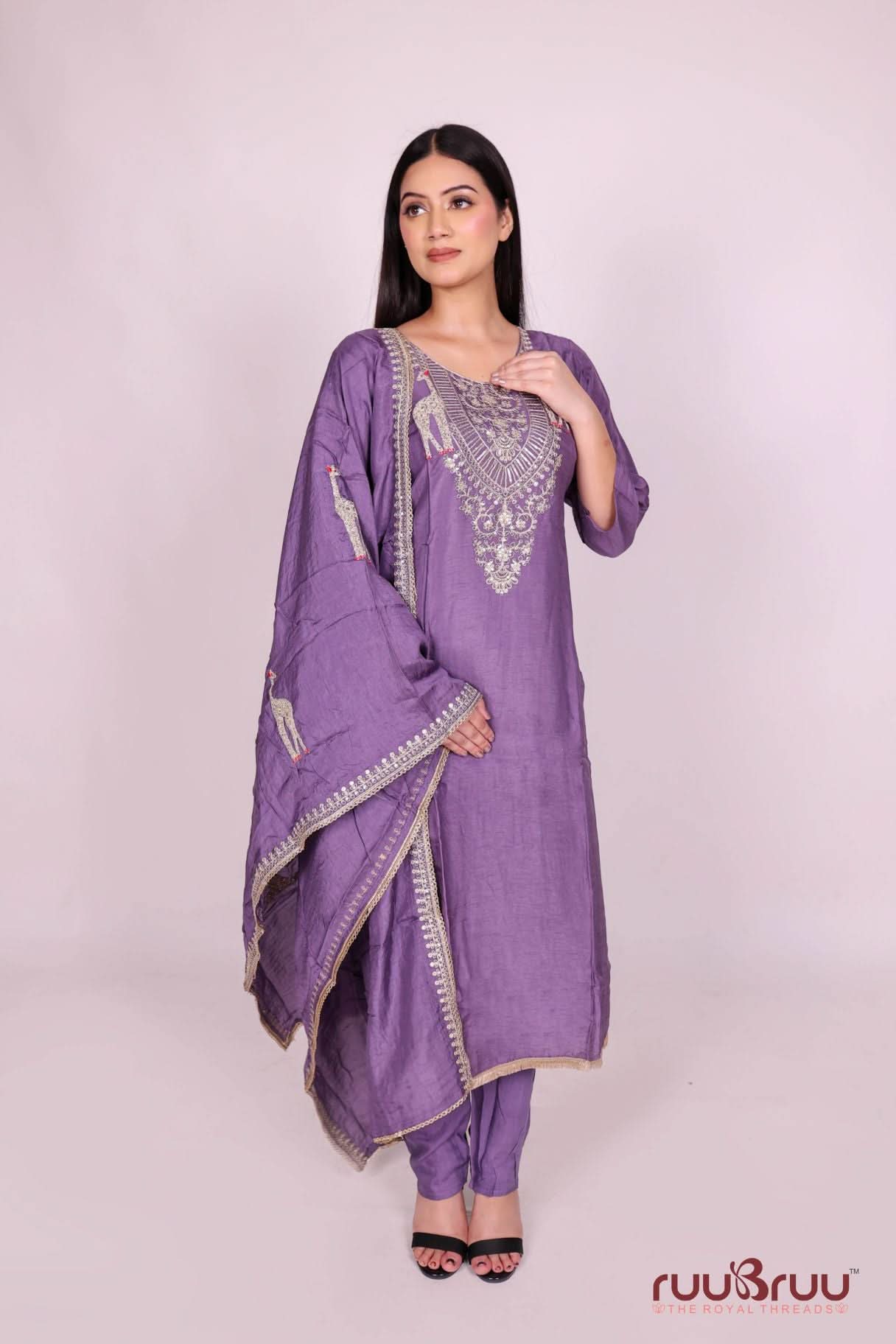 Pure Silk Chanderi Ladies Suit with Heavy Embroidery on Neck & Dupatta.