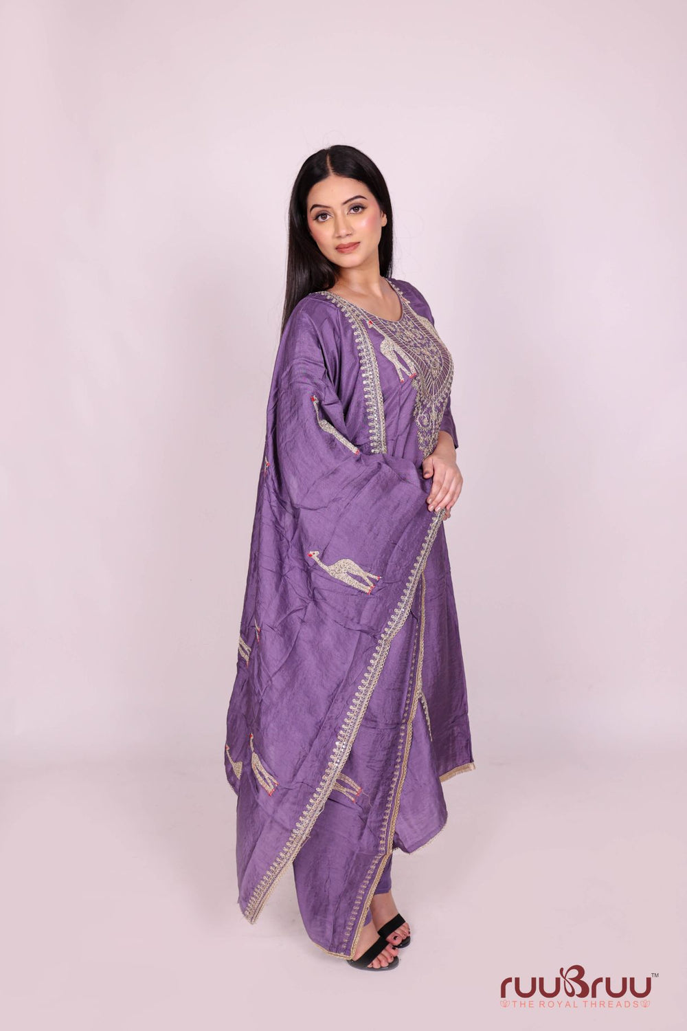 Pure Silk Chanderi Ladies Suit with Heavy Embroidery on Neck & Dupatta.