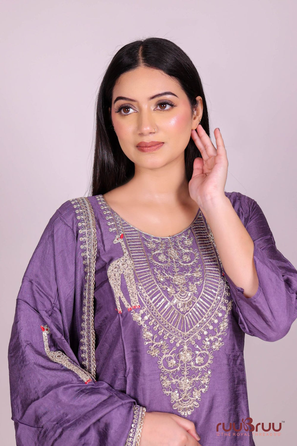 Pure Silk Chanderi Ladies Suit with Heavy Embroidery on Neck & Dupatta.