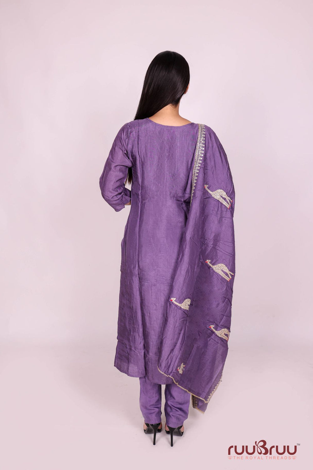 Pure Silk Chanderi Ladies Suit with Heavy Embroidery on Neck & Dupatta.