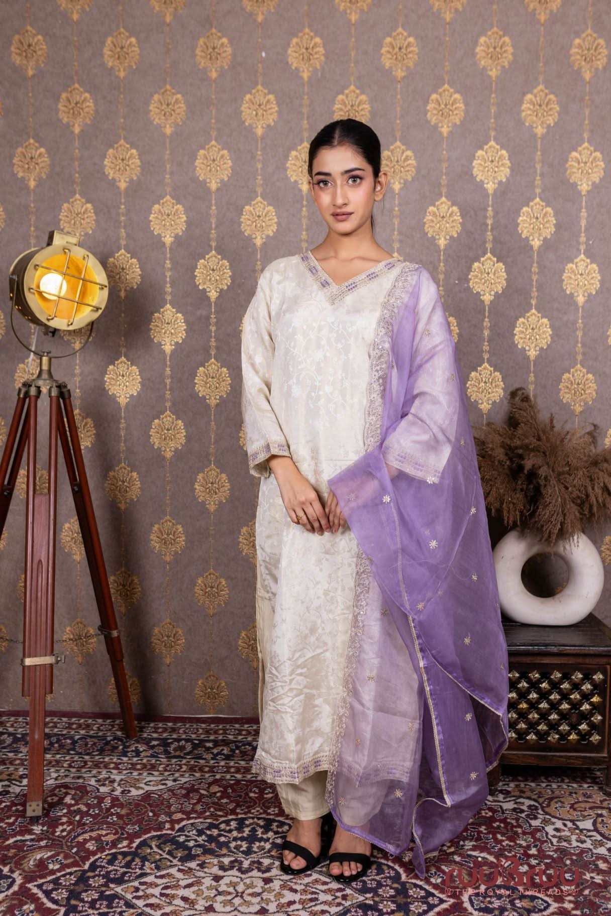 Pure Silk Jacquard Ladies Suit with Dori Embroidery at Neck