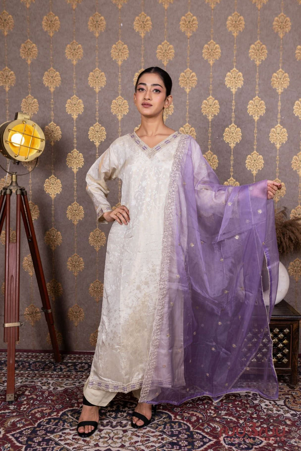 Pure Silk Jacquard Ladies Suit with Dori Embroidery at Neck