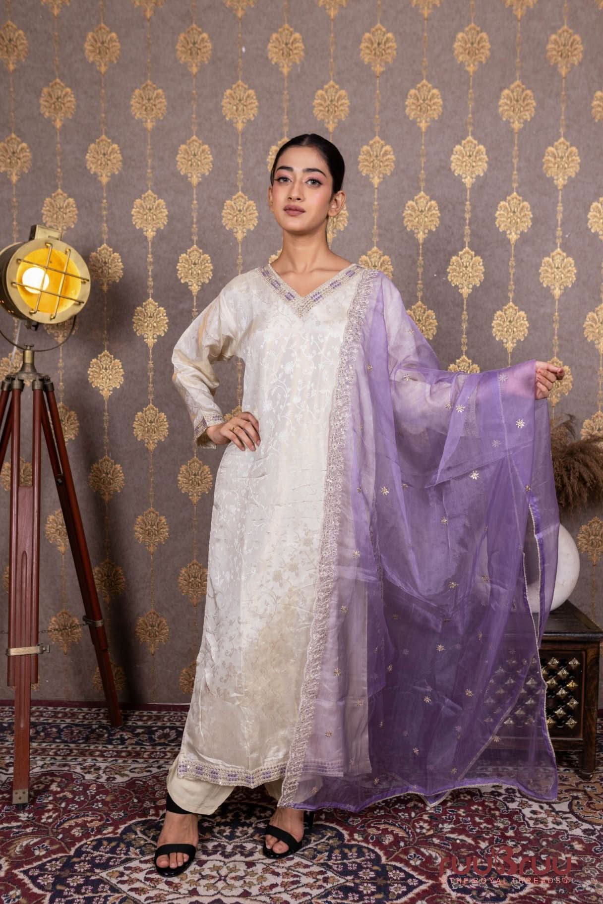 Pure Silk Jacquard Ladies Suit with Dori Embroidery at Neck