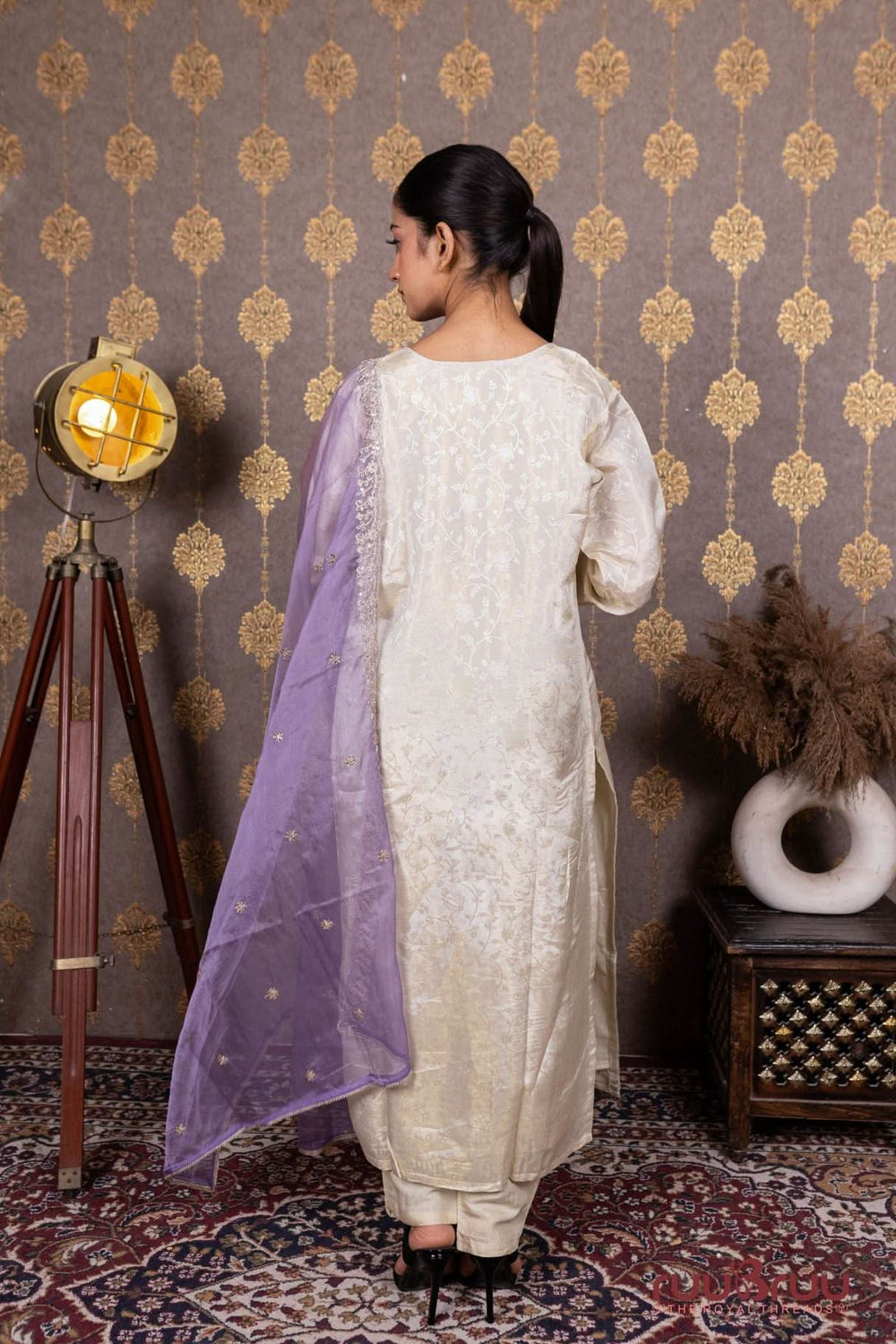 Pure Silk Jacquard Ladies Suit with Dori Embroidery at Neck
