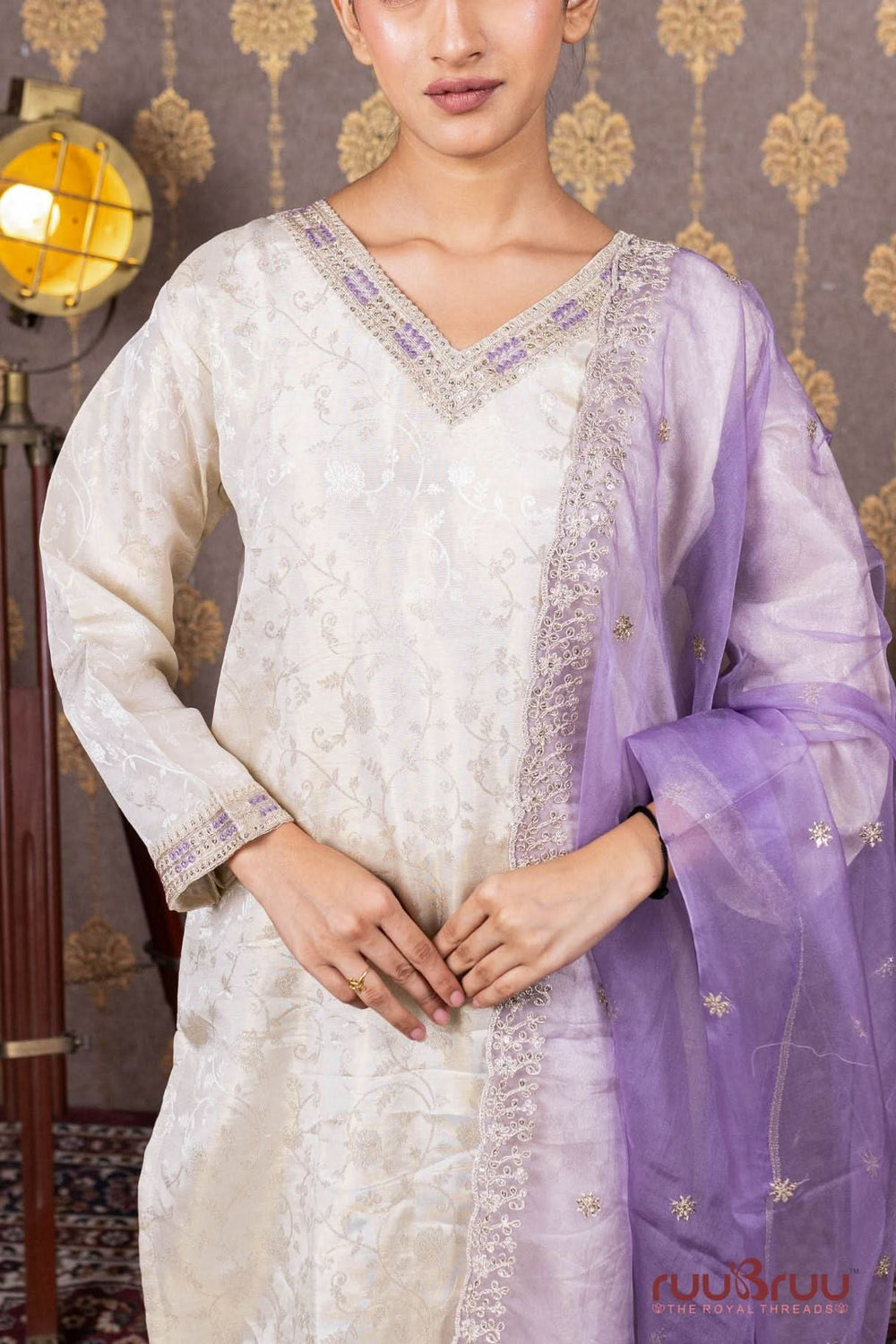 Pure Silk Jacquard Ladies Suit with Dori Embroidery at Neck