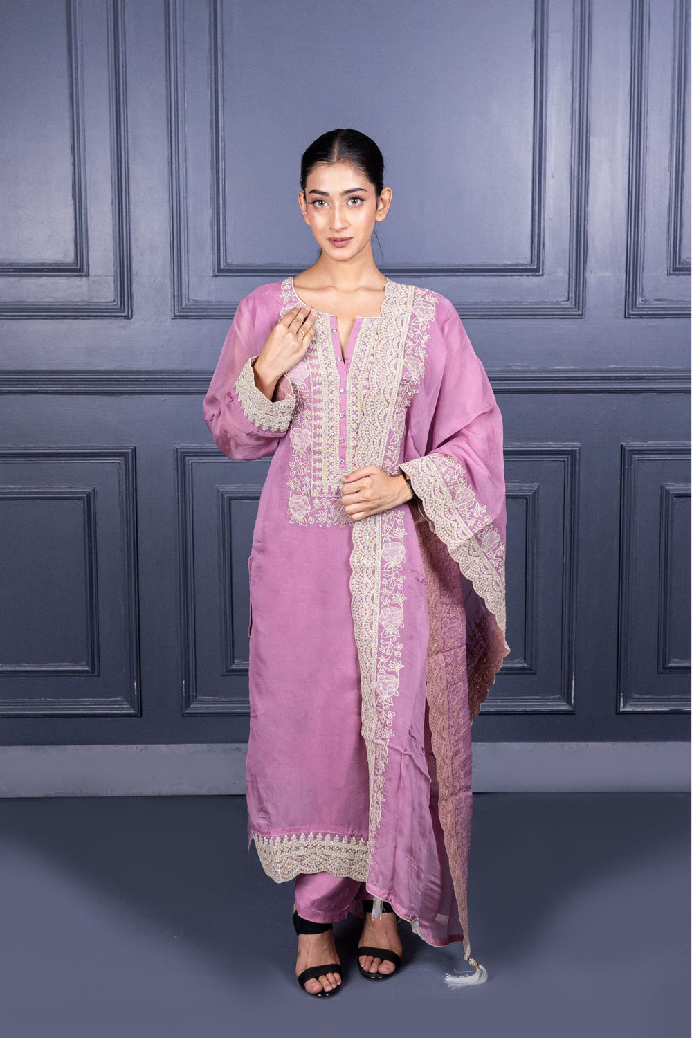 Pure Viscose Silk Ladies Suit with Heavy Embroidery on Suit & Dupatta with Tassels.