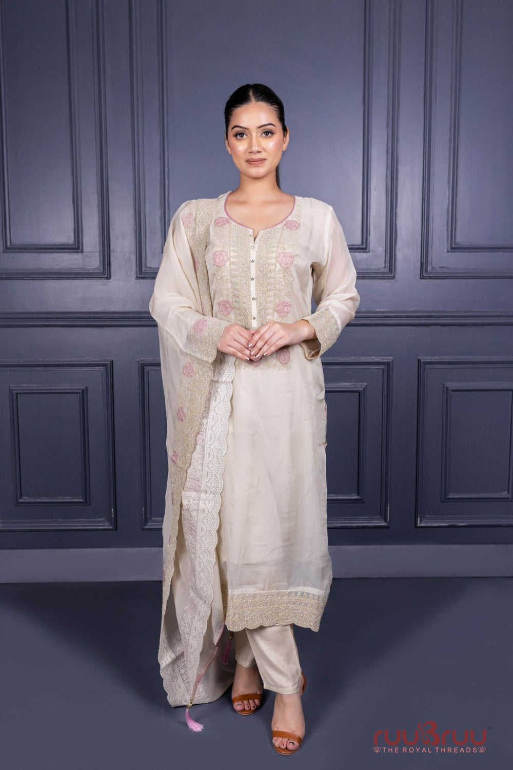 Pure Viscose Silk Ladies Suit with Heavy Embroidery on Suit & Dupatta with Tassels.