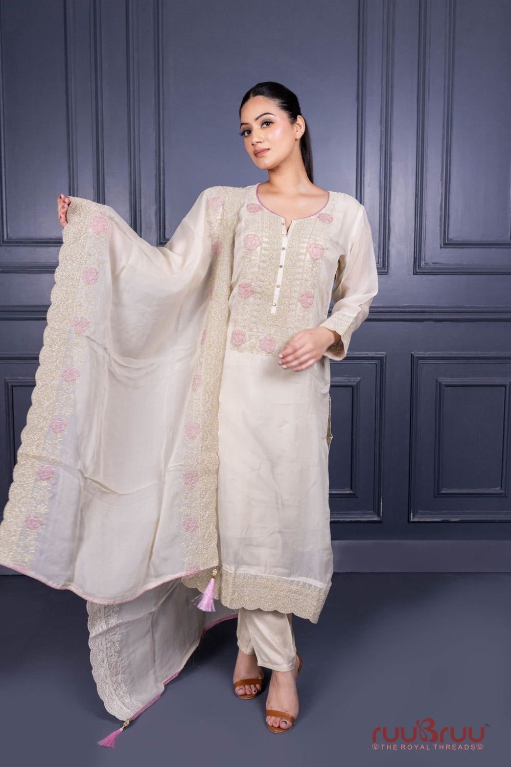 Pure Viscose Silk Ladies Suit with Heavy Embroidery on Suit & Dupatta with Tassels.