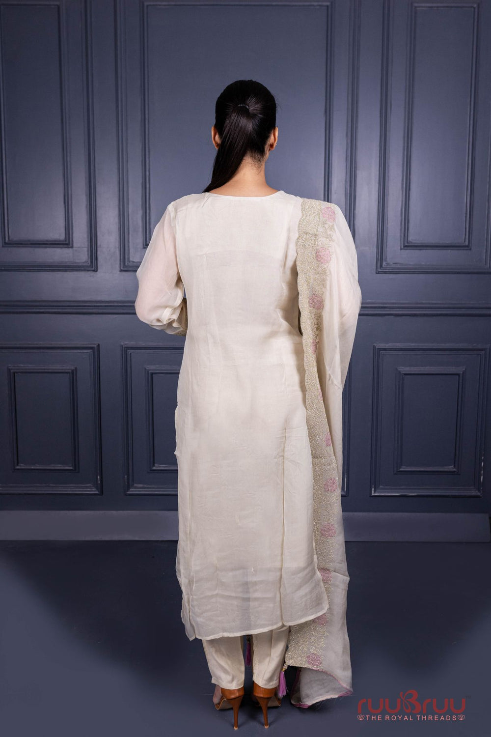 Pure Viscose Silk Ladies Suit with Heavy Embroidery on Suit & Dupatta with Tassels.