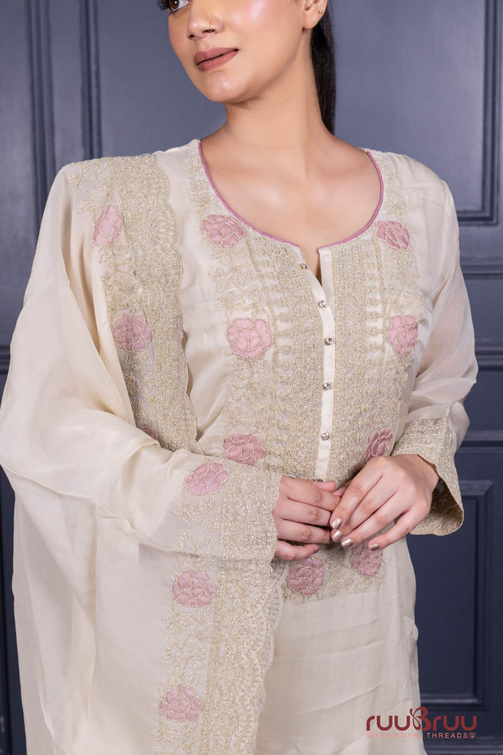 Pure Viscose Silk Ladies Suit with Heavy Embroidery on Suit & Dupatta with Tassels.