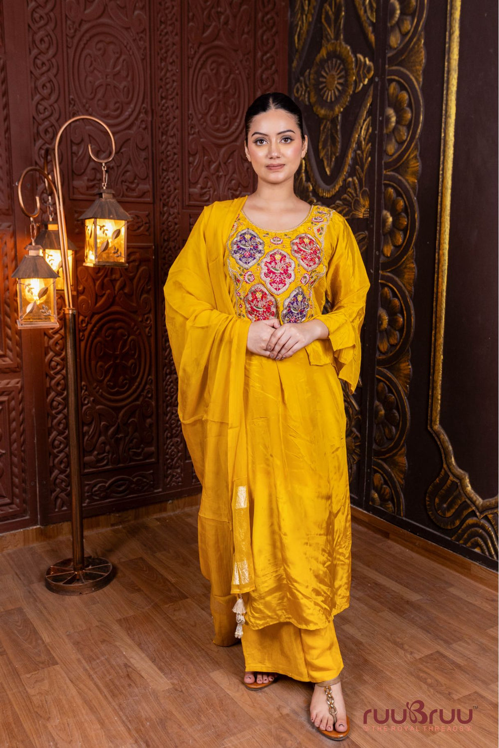 Pure Silk Shimmer Ladies Suit with Patchwork & Embroidered Bottom.
