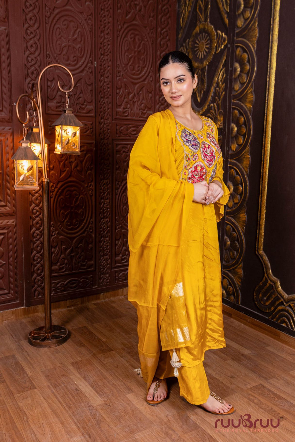 Pure Silk Shimmer Ladies Suit with Patchwork & Embroidered Bottom.