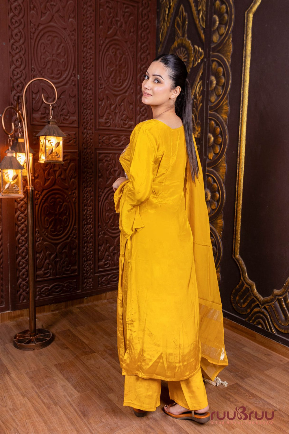 Pure Silk Shimmer Ladies Suit with Patchwork & Embroidered Bottom.