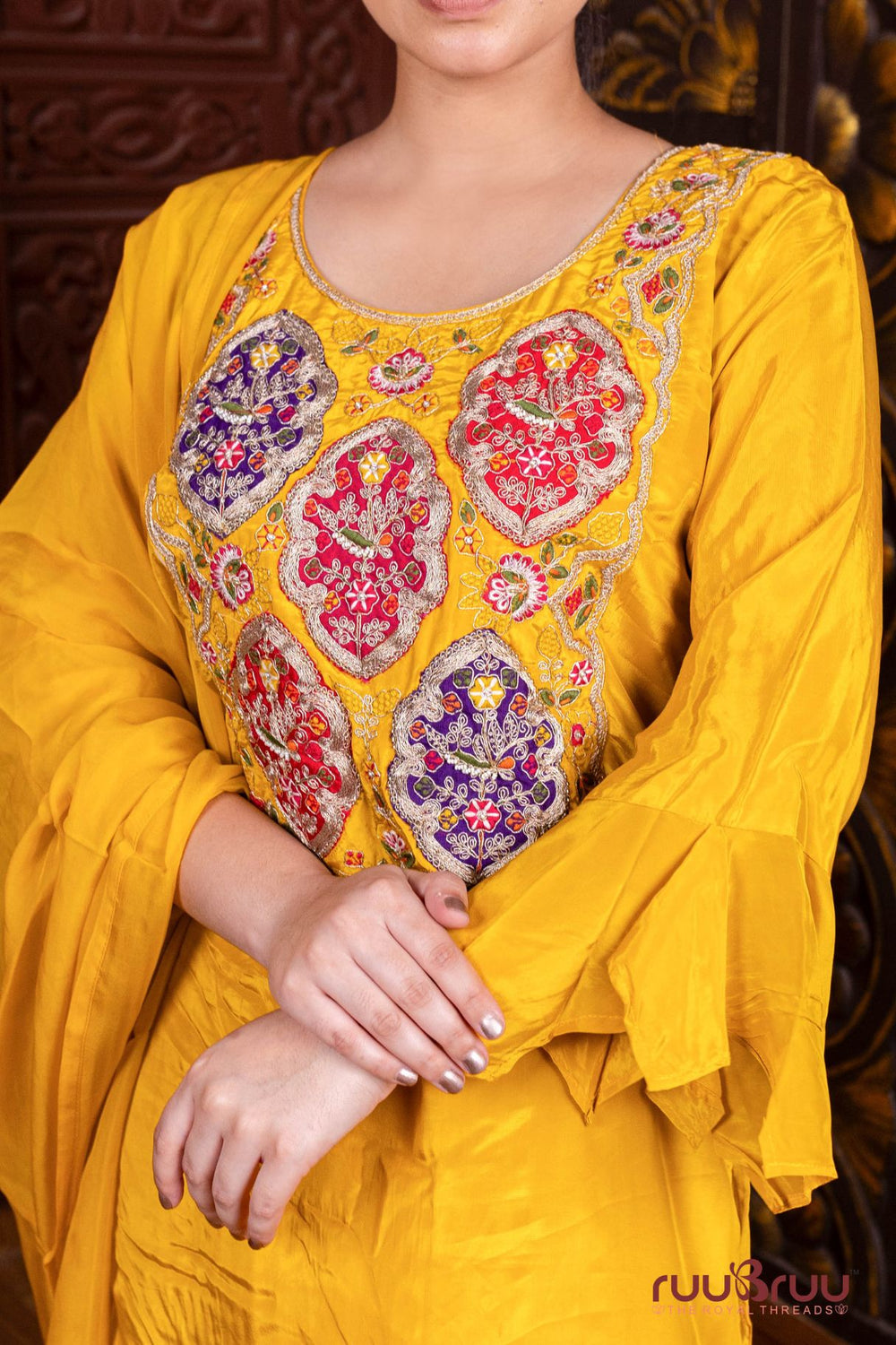Pure Silk Shimmer Ladies Suit with Patchwork & Embroidered Bottom.